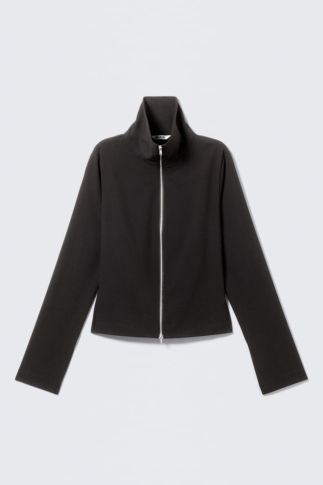 Schmal geschnittenes langärmeliges Zip-Shirt - Schwarz mit Streifen/Dunkelgrau meliert - 1