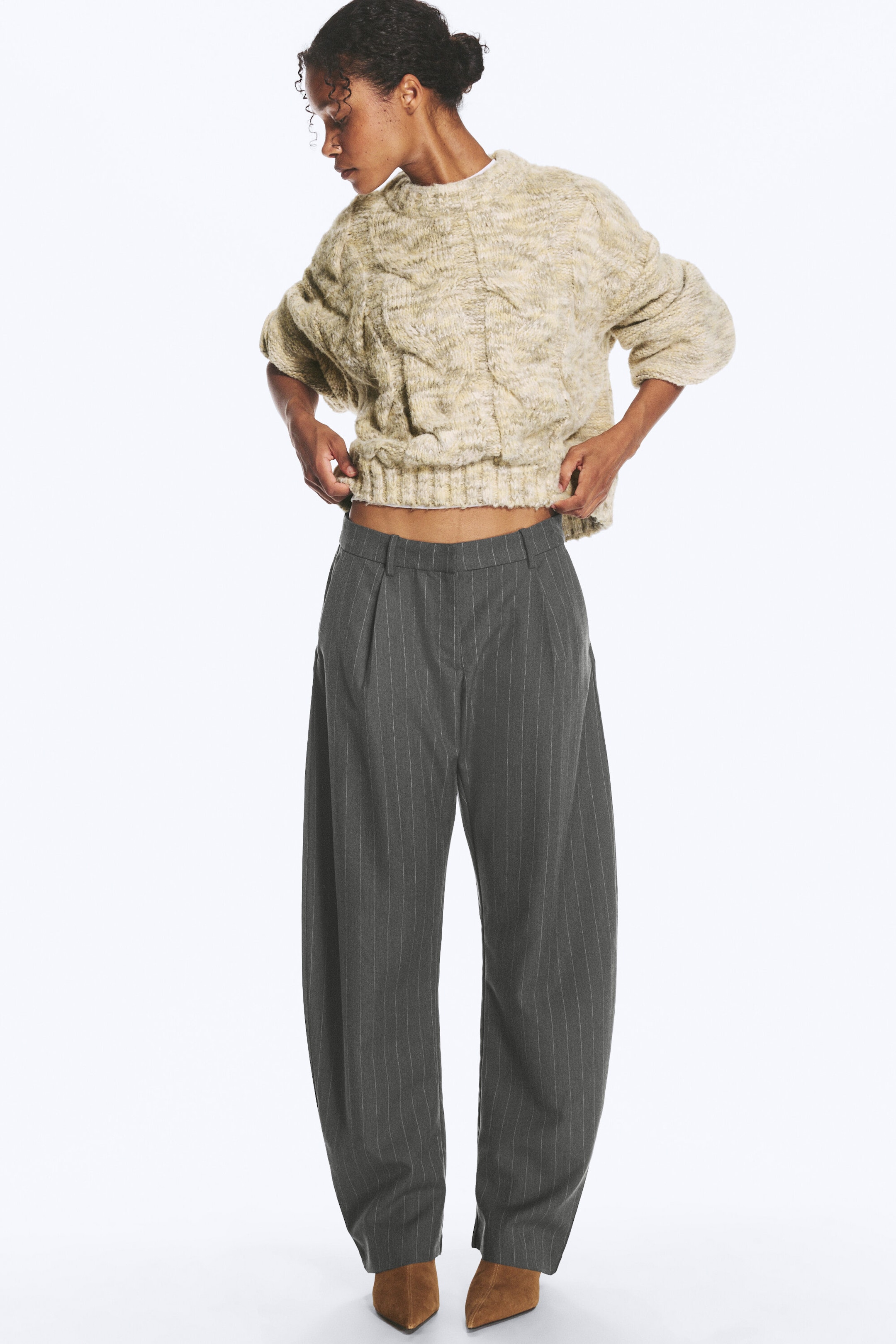 Gris foncé chiné rayé - Pantalon de costume à jambes fuselées et coupe ample - 1