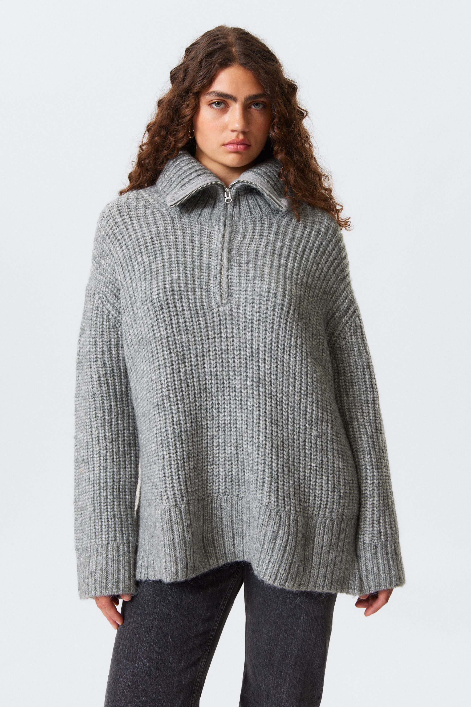 Grey Melange - Rib-Knit Half-Zip Turtleneck Sweater - 2