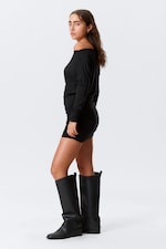 Black - Draped Asymmetric Long-Sleeved Mini Dress - 1