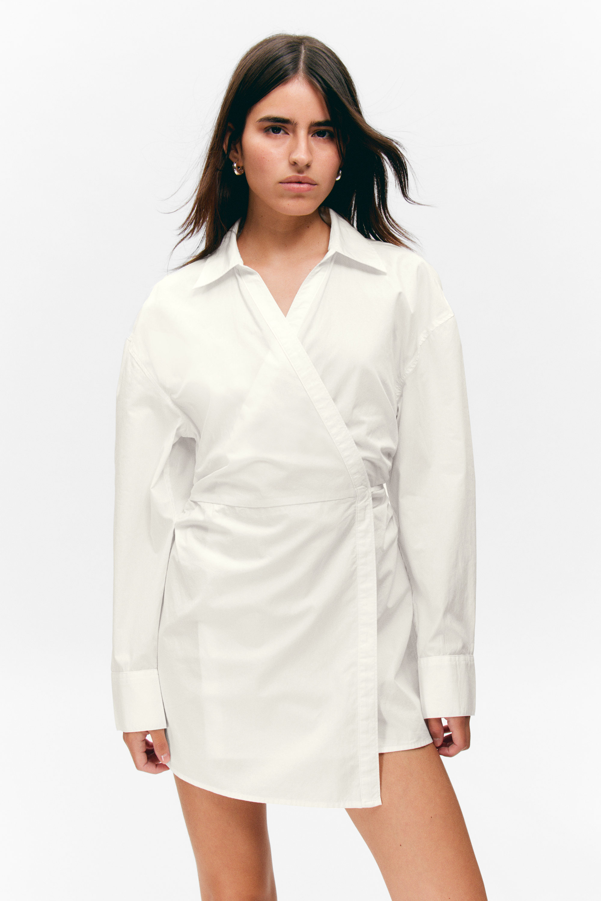 White - Long-Sleeved Mini Wrap Shirt Dress - 3