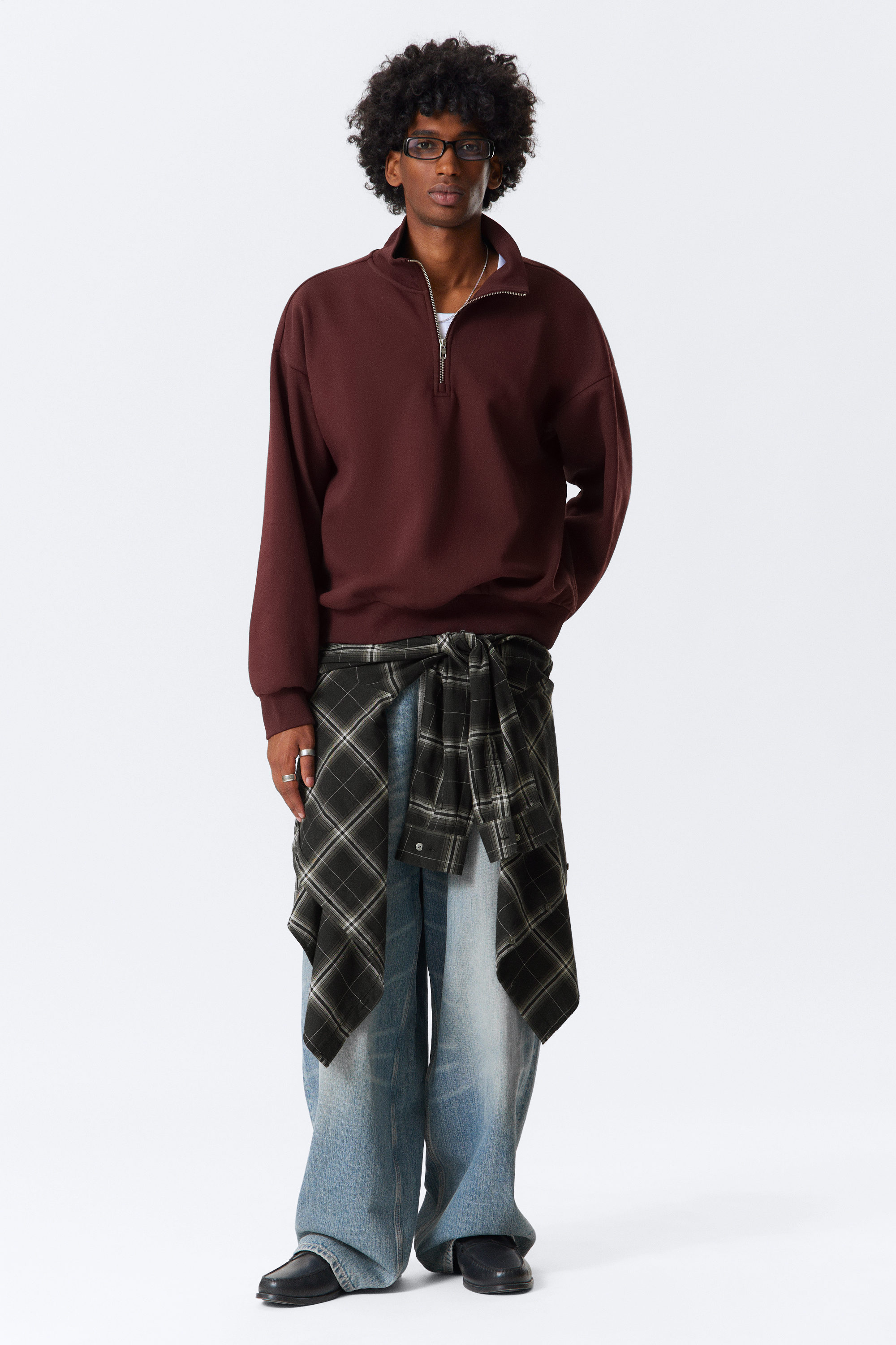 Dark Red - Loose Half Zip Sweatshirt - 1