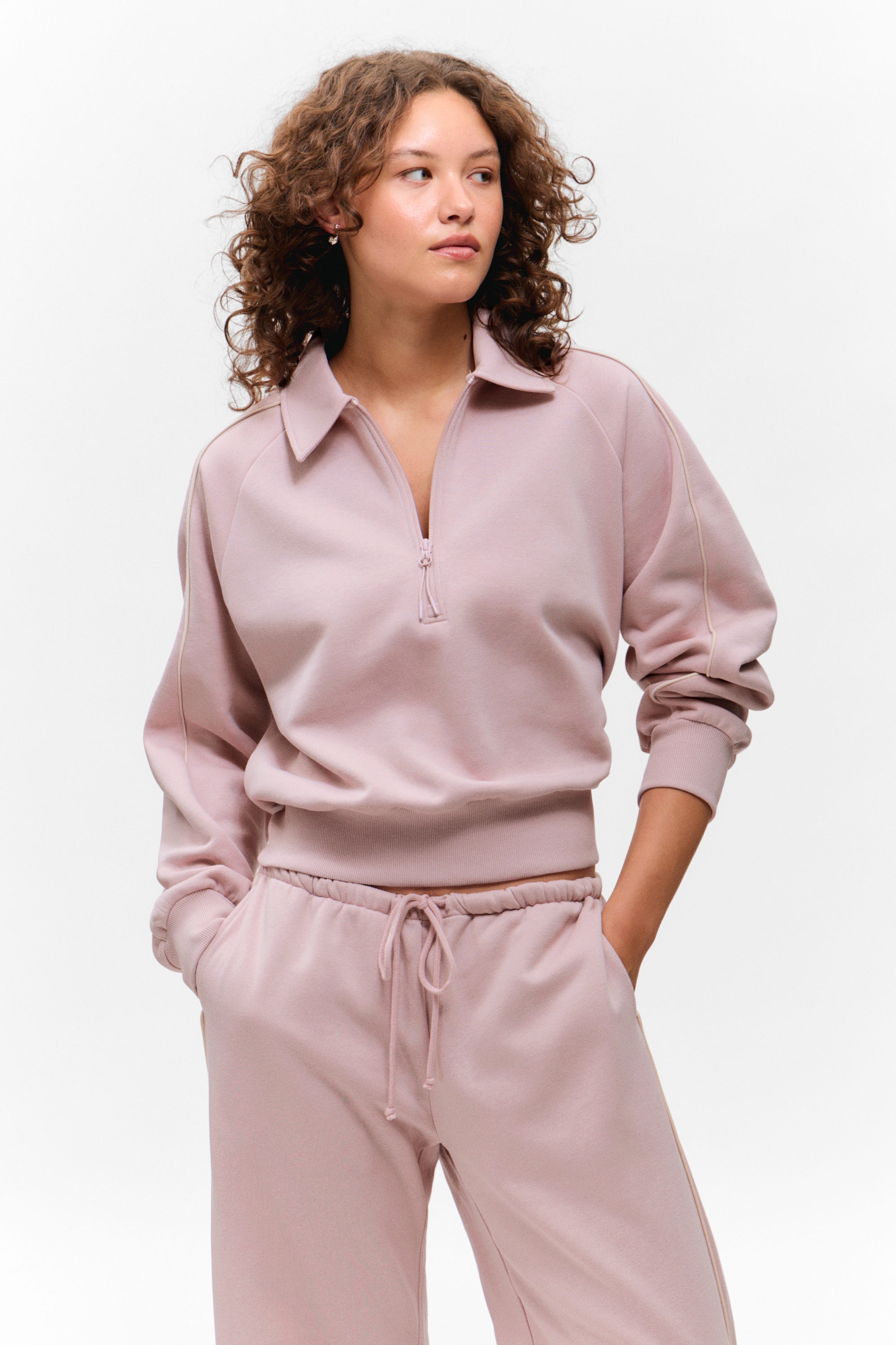 Zacht oudroze - Losvallend polosweater met halve rits - 1