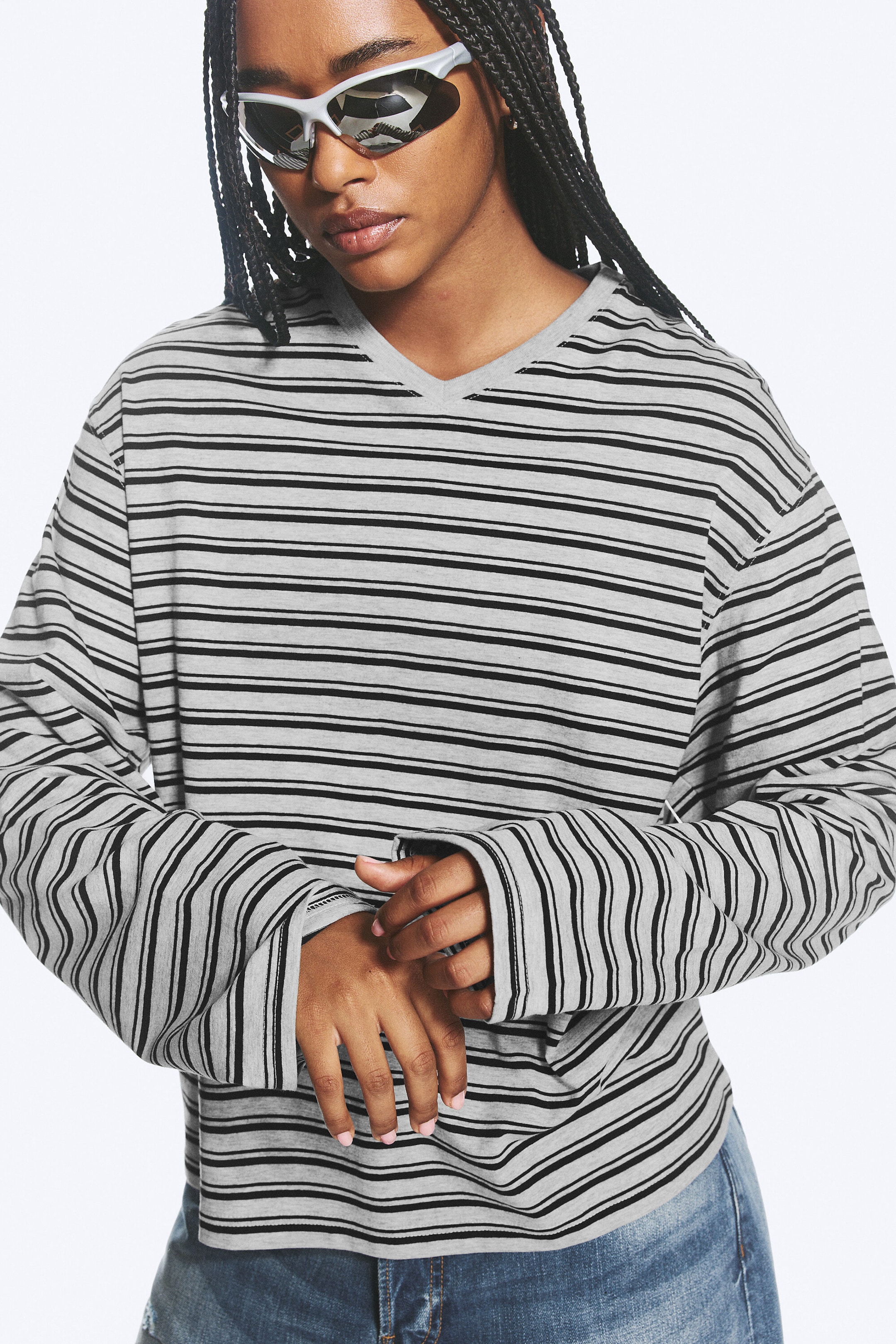 Grey Melange/Black Striped - Boxy V-neck Long-sleevd T-shirt - 0