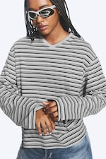 Grey Melange/Black Striped - Boxy V-neck Long-sleevd T-shirt - 0