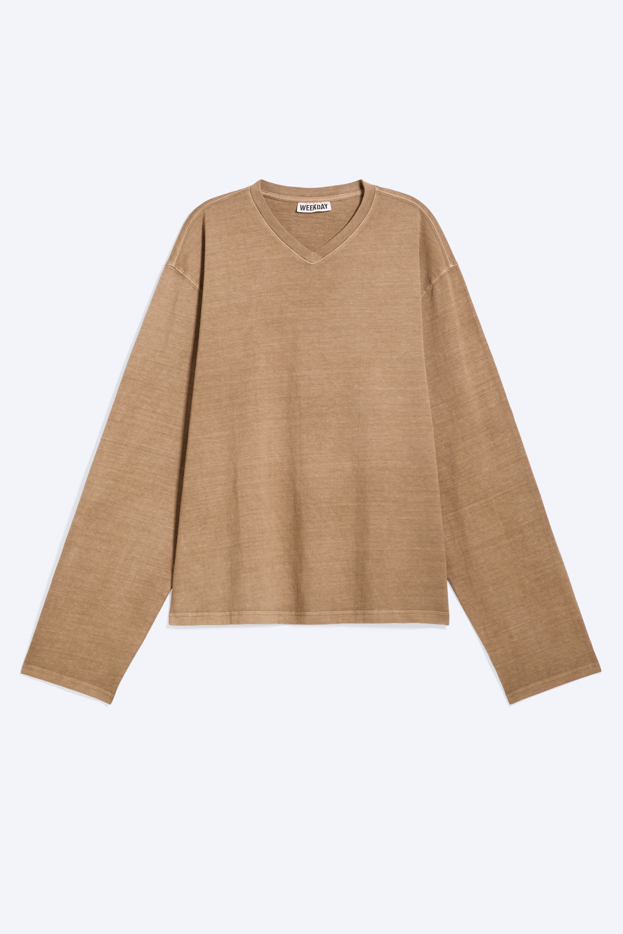 Kastiges Longsleeve-Shirt mit V-Ausschnitt - Gewaschenes Beige/Weiß