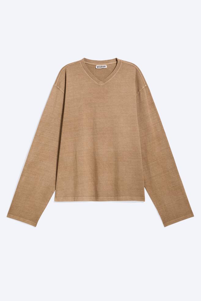 Camiseta boxy de cuello en V y manga larga - Beige lavado/Negro/Gris Jaspeado/Negro A Rayas/Blanco - 1