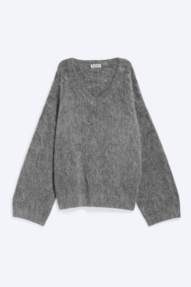 Pullover mit V-Ausschnitt aus Mohair-Mix - Dunkelgrau meliert/Blau/Dunkelviolett - 1
