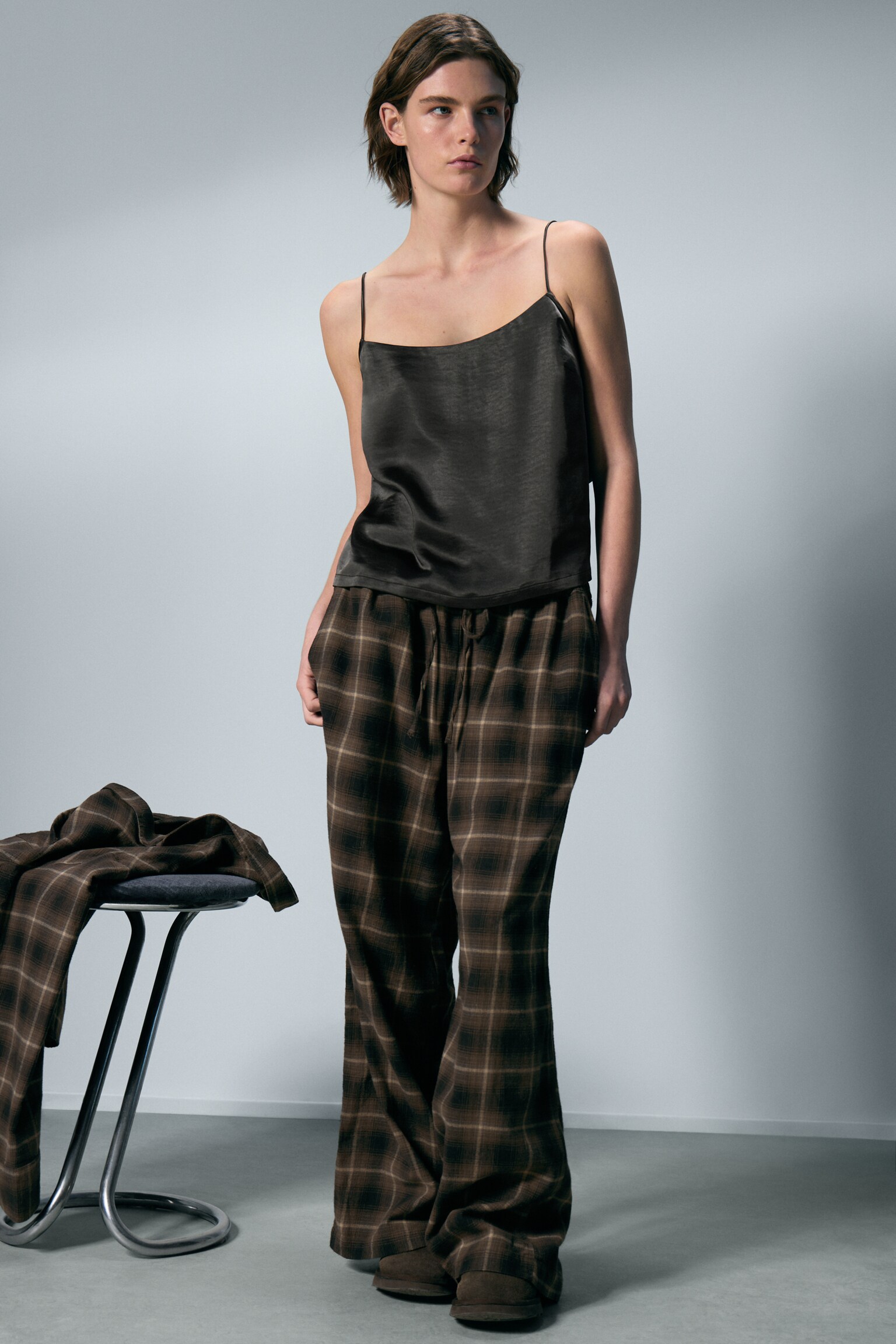 Wide Flannel Pyjama Trousers - Checked Dark Brown/Checked Beige - 1