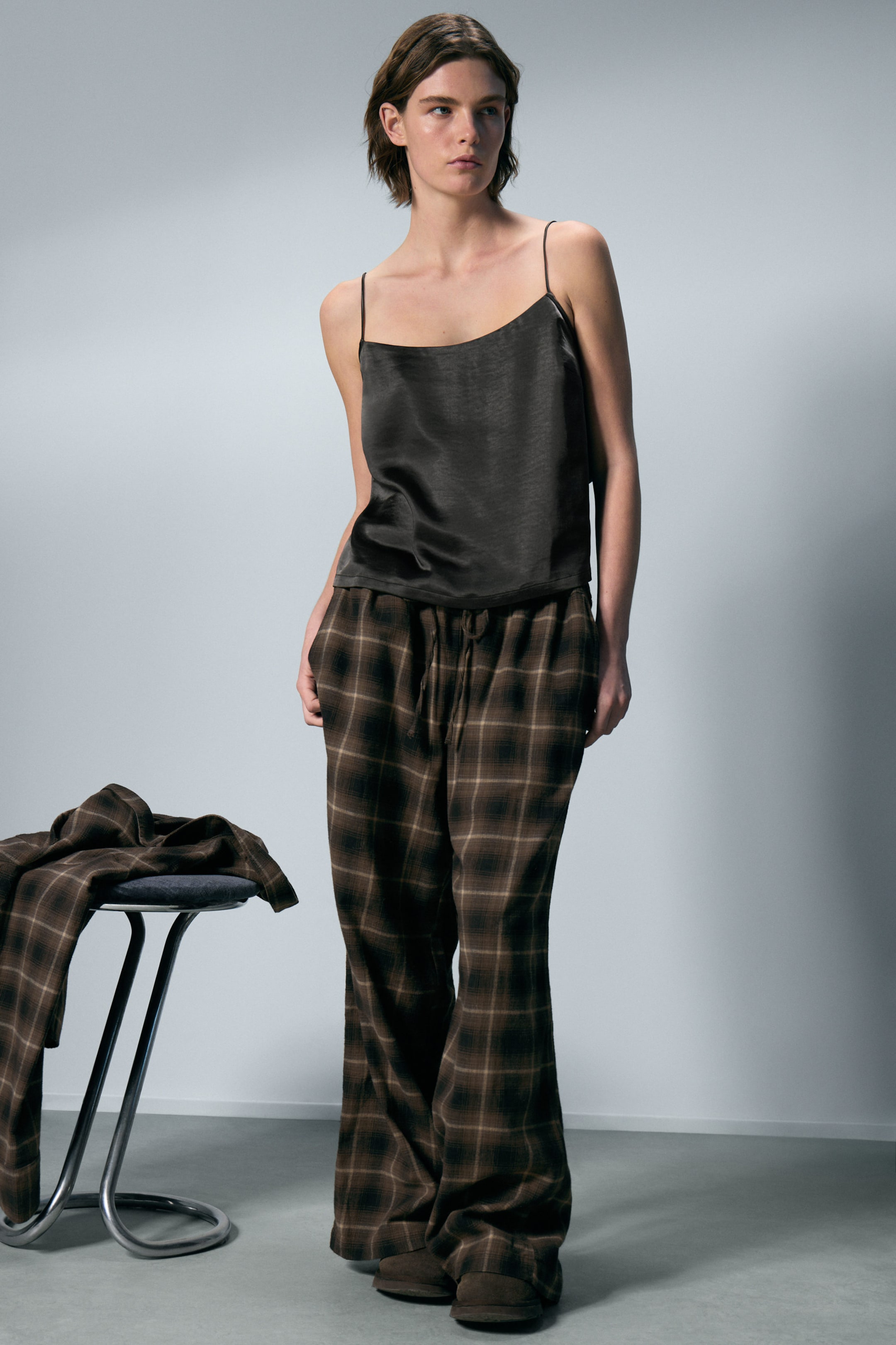 Checked Dark Brown - Wide Flannel Pyjama Trousers - 1