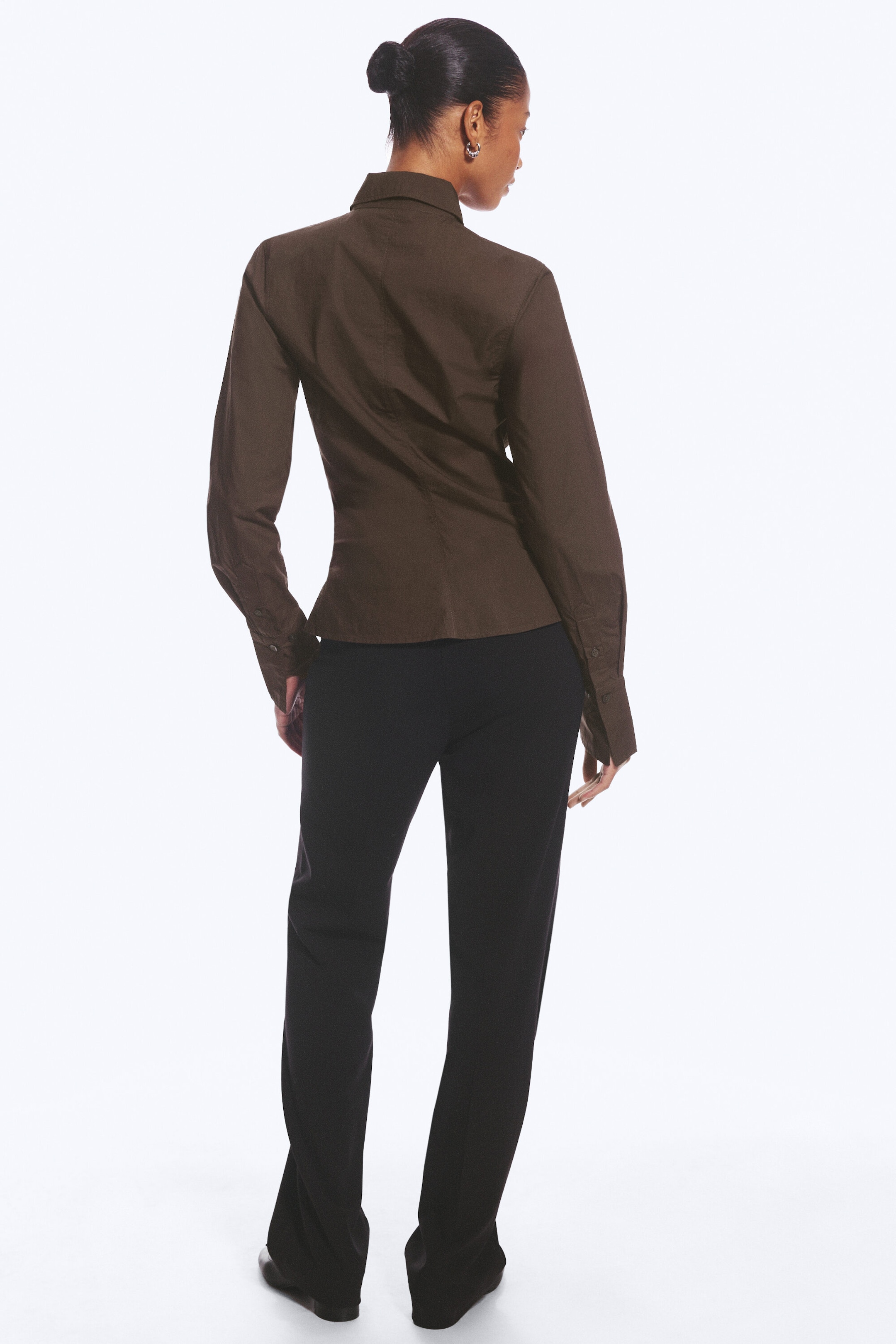 Dark Brown - Asymmetric Fitted Poplin Shirt - 3