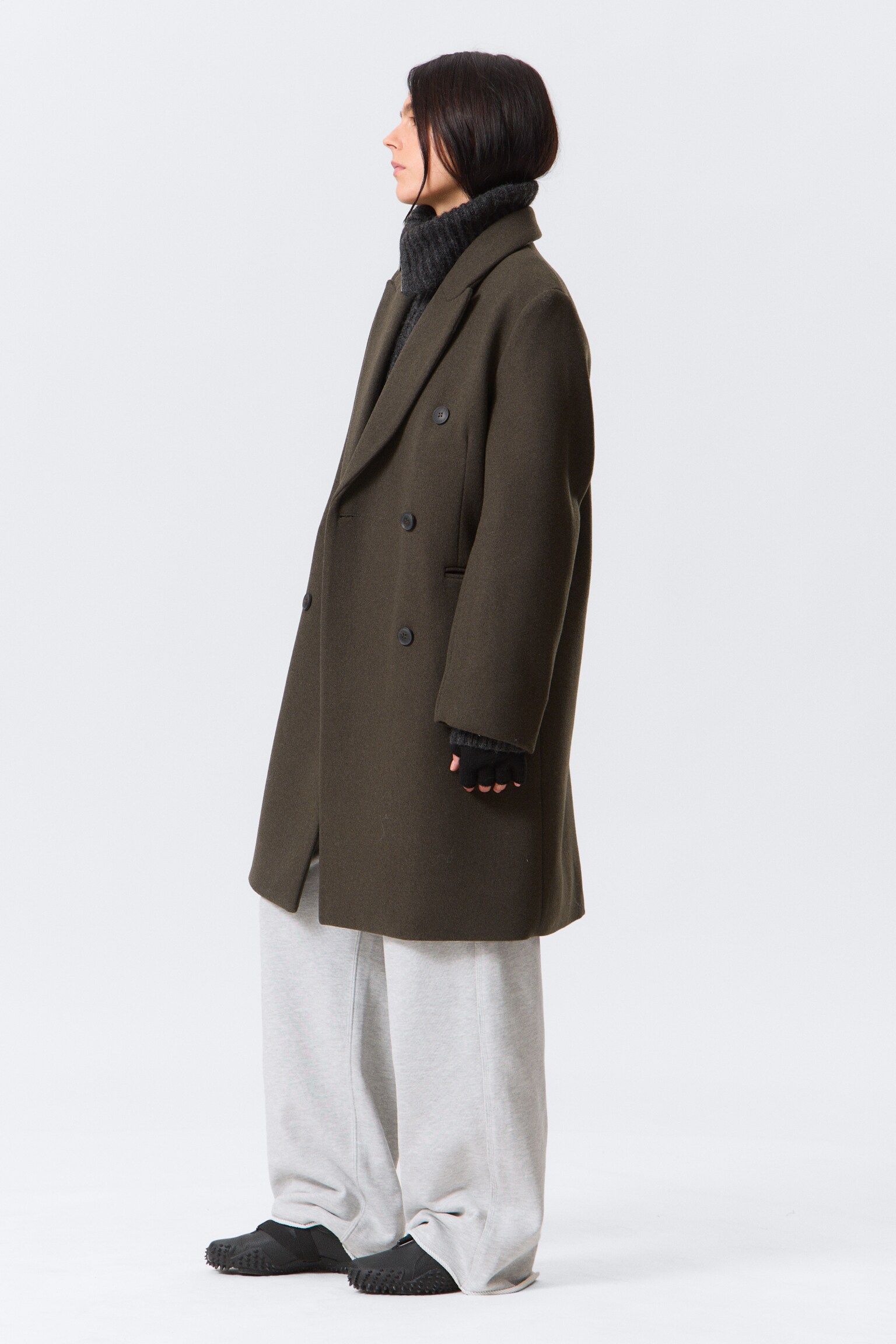 Oversized Knee-Length Wool-Blend Coat - Dark Khaki Green/Black - 4