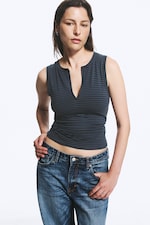 Blue & Black Stripe - Slim V-neck Sleeveless Top - 0