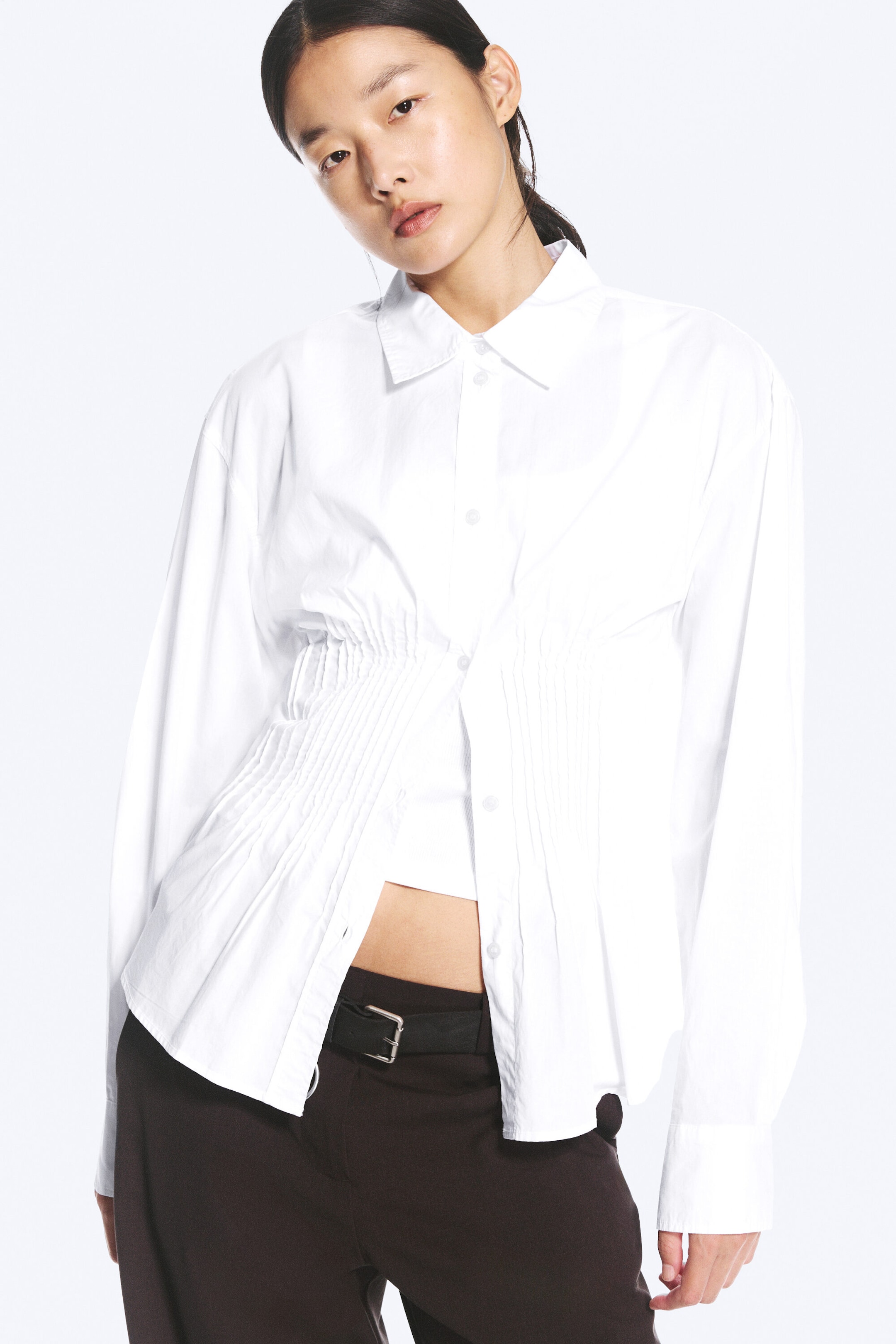Blanc - Chemise en popeline de coton à taille froncée - 2