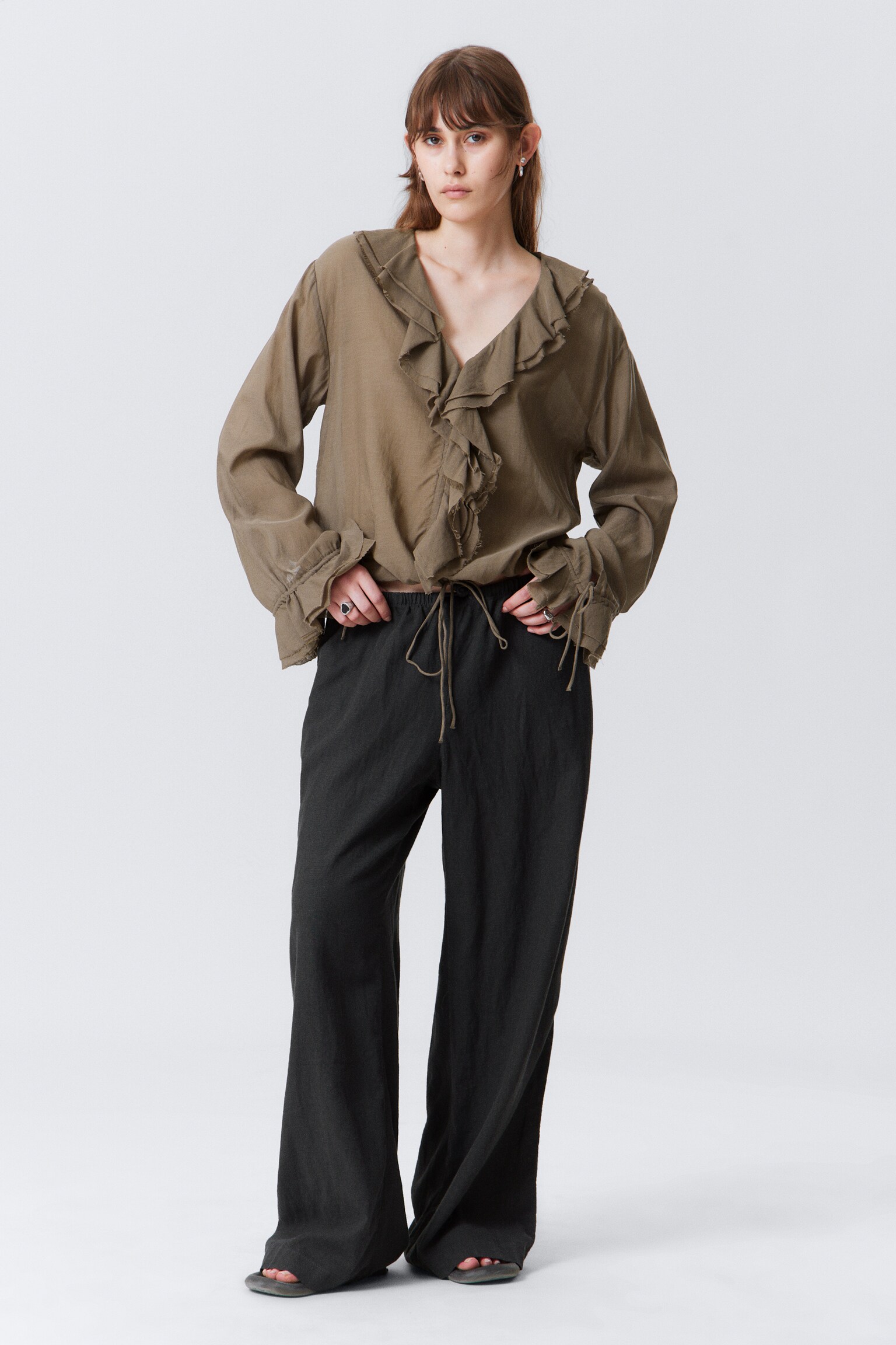 Wikkelblouse met lange mouwen en volants - Bruin/Wit/Zwart - 4