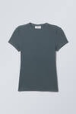 Dunkles Petrol - Enges, geripptes T-Shirt - 0