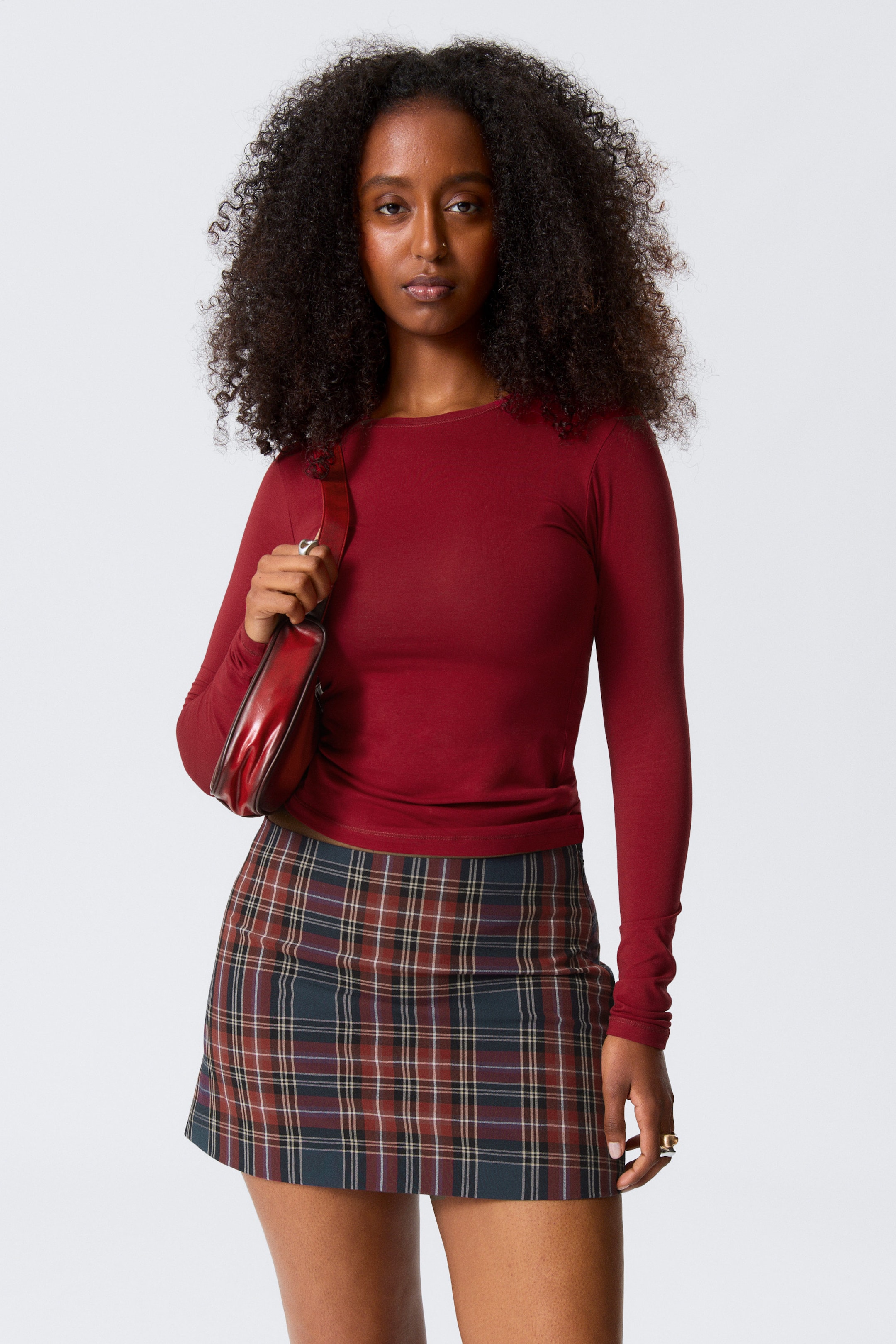 Dark Red Check - Mini Twill Skirt - 1