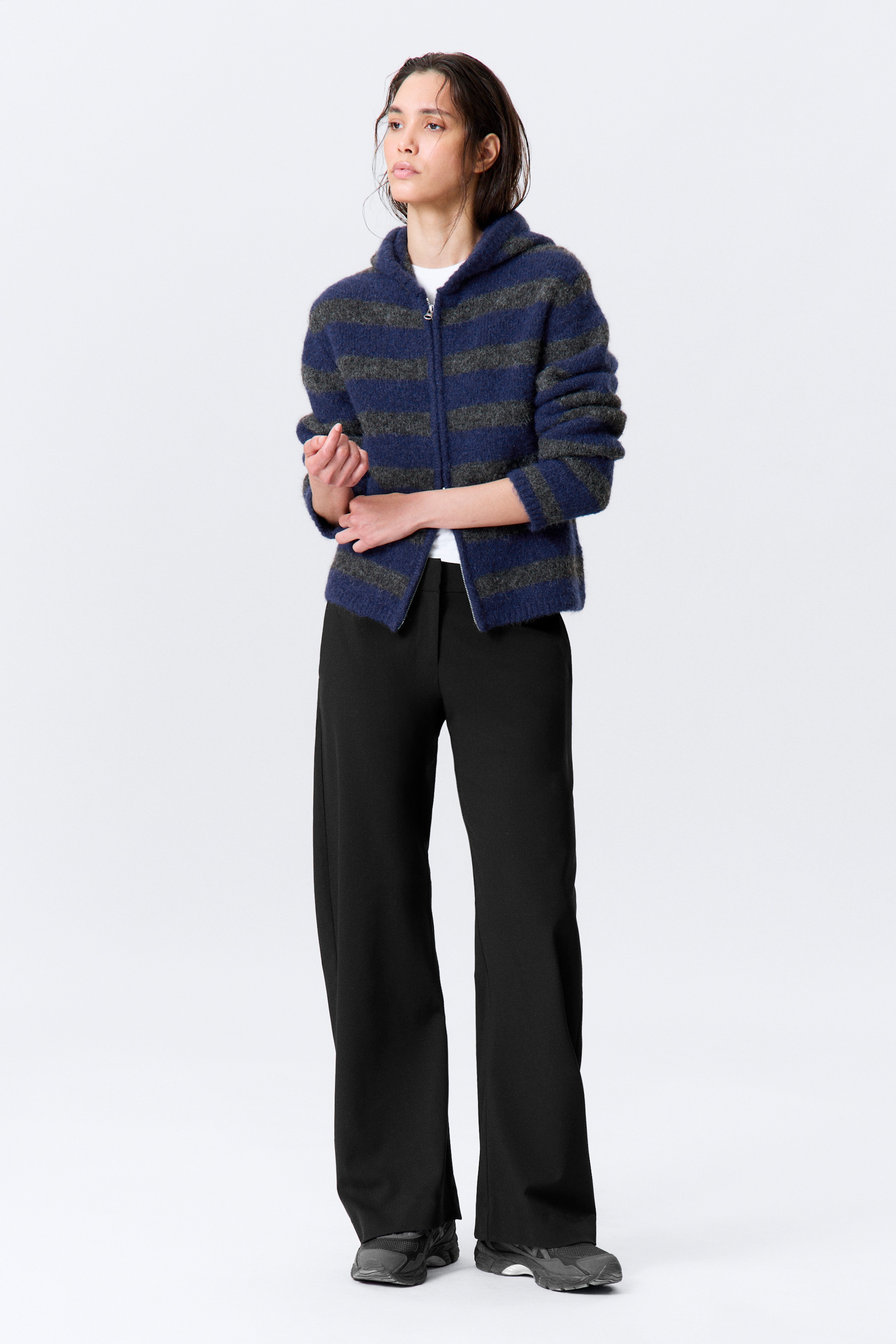 Agrandir l'image: Sweat à capuche zippé en maille de laine mélangée - Rayures bleues et grises - FEMME | H&M FR 1