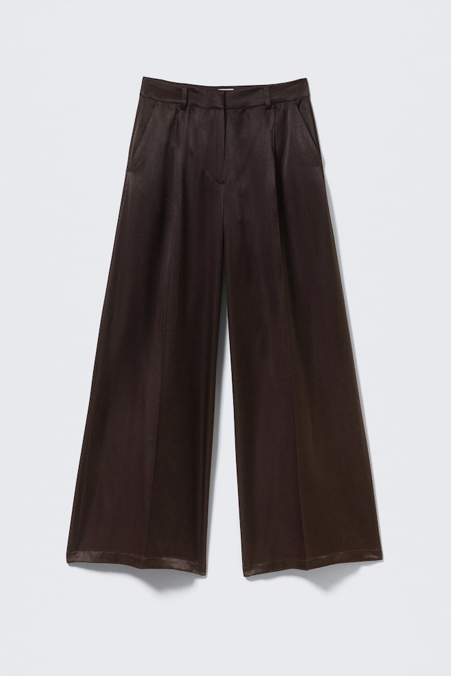 High Waisted Wide Leg Satin Trousers - Dark Brown/White/Black - 1