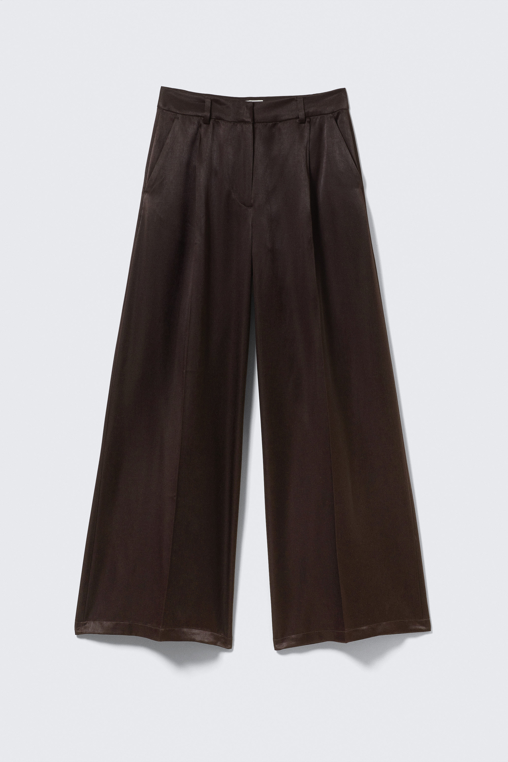 Dark Brown - High Waisted Wide Leg Satin Trousers - 3
