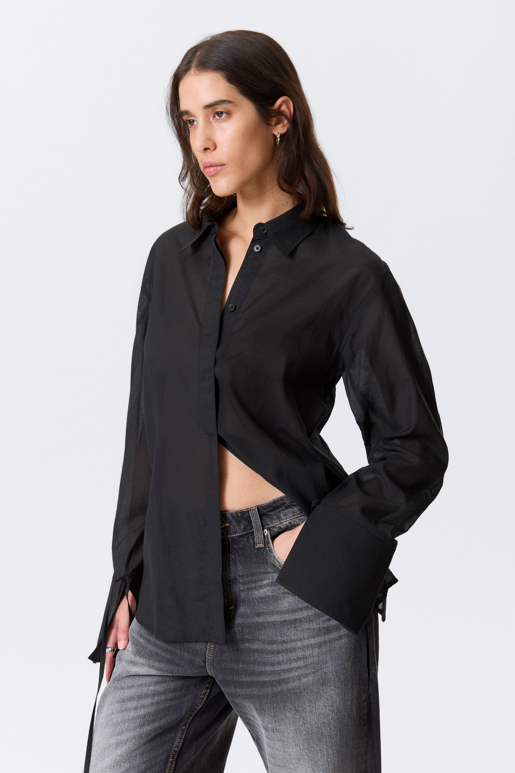 Black - Long-Sleeved Open Back Tie Shirt - 1
