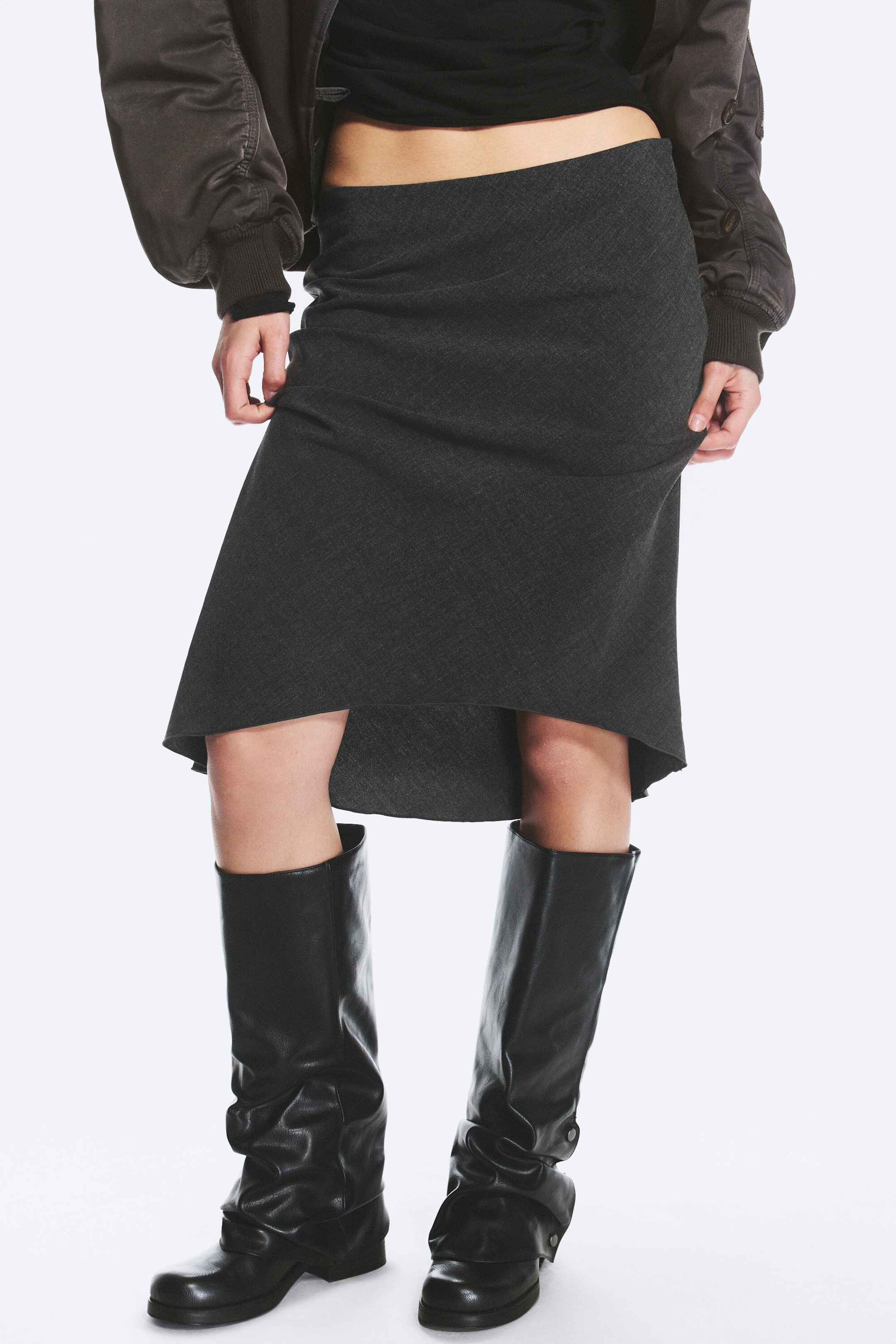 Dark Grey Melange - Mid-Rise Flared Midi Skirt - 2