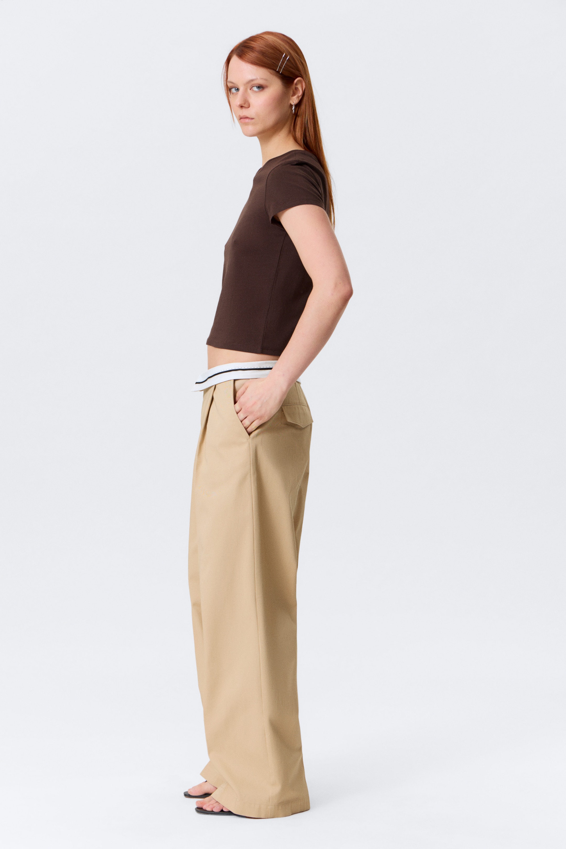 Beige - Låga twillbyxor med vikt midja - 3