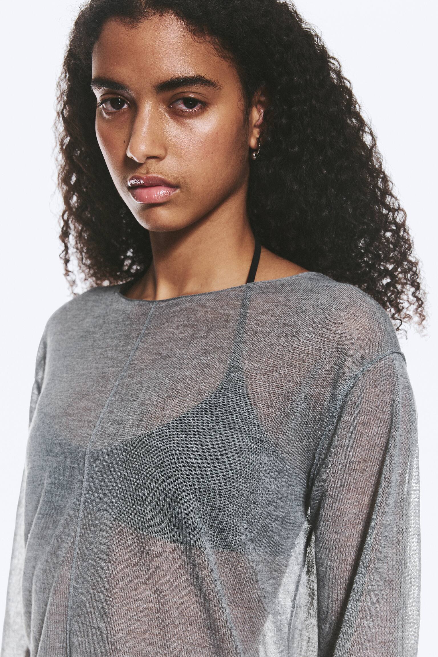 Løstsiddende transparent strikket sweater - Gråmeleret - 3