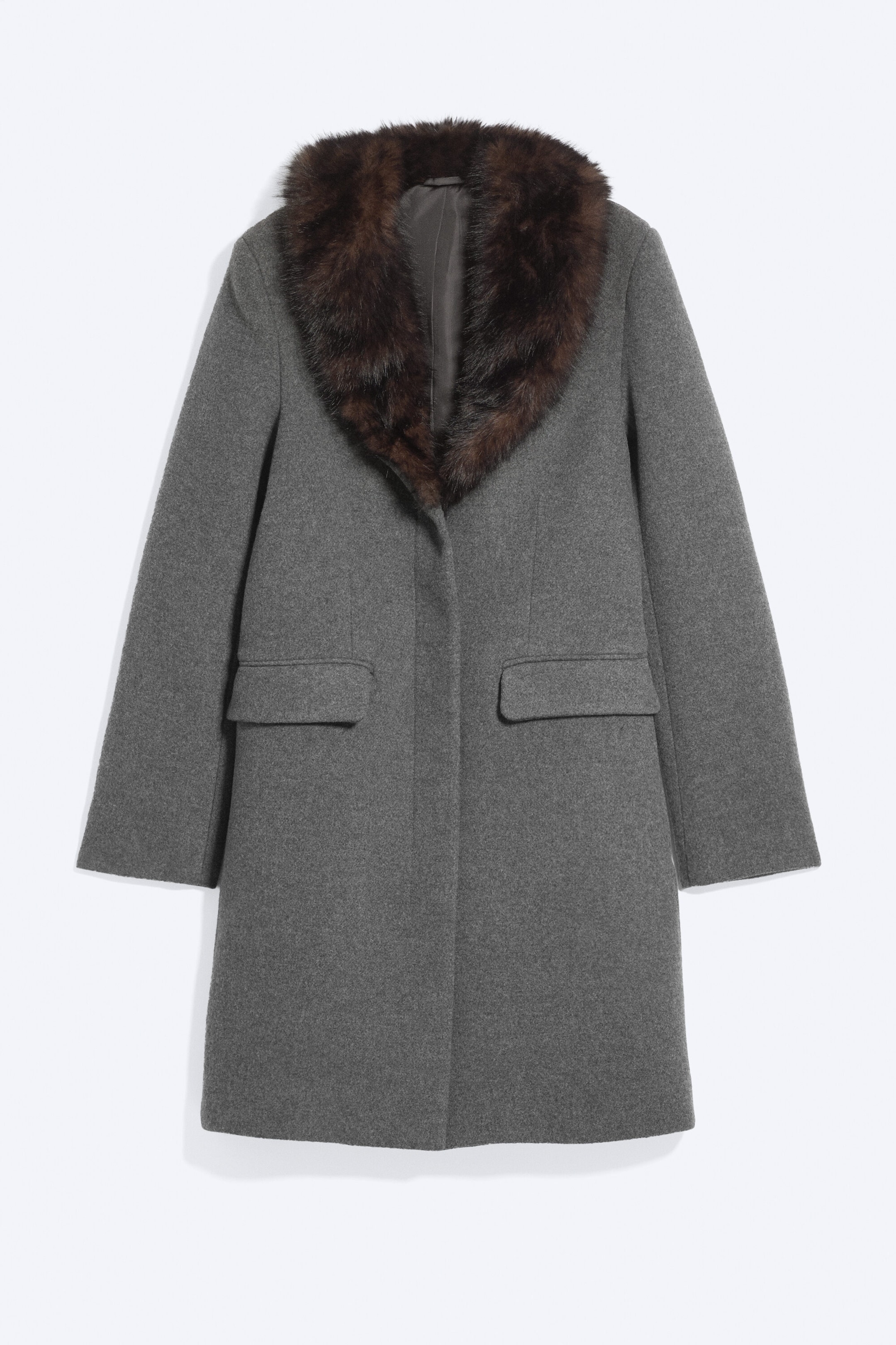 Grey - Fitted Wool-Blend Coat with Faux Fur Collar - 5