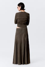 Dark Grey - Mid-Rise Frayed Pleated Maxi Skirt - 3