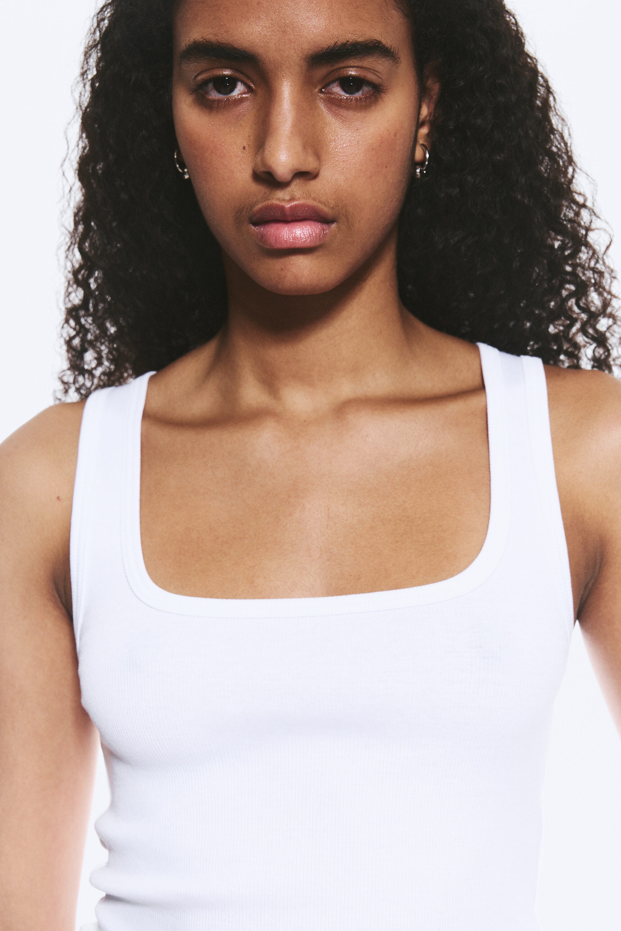 White - Slim Square Neck Ribbed Tank Top - 2