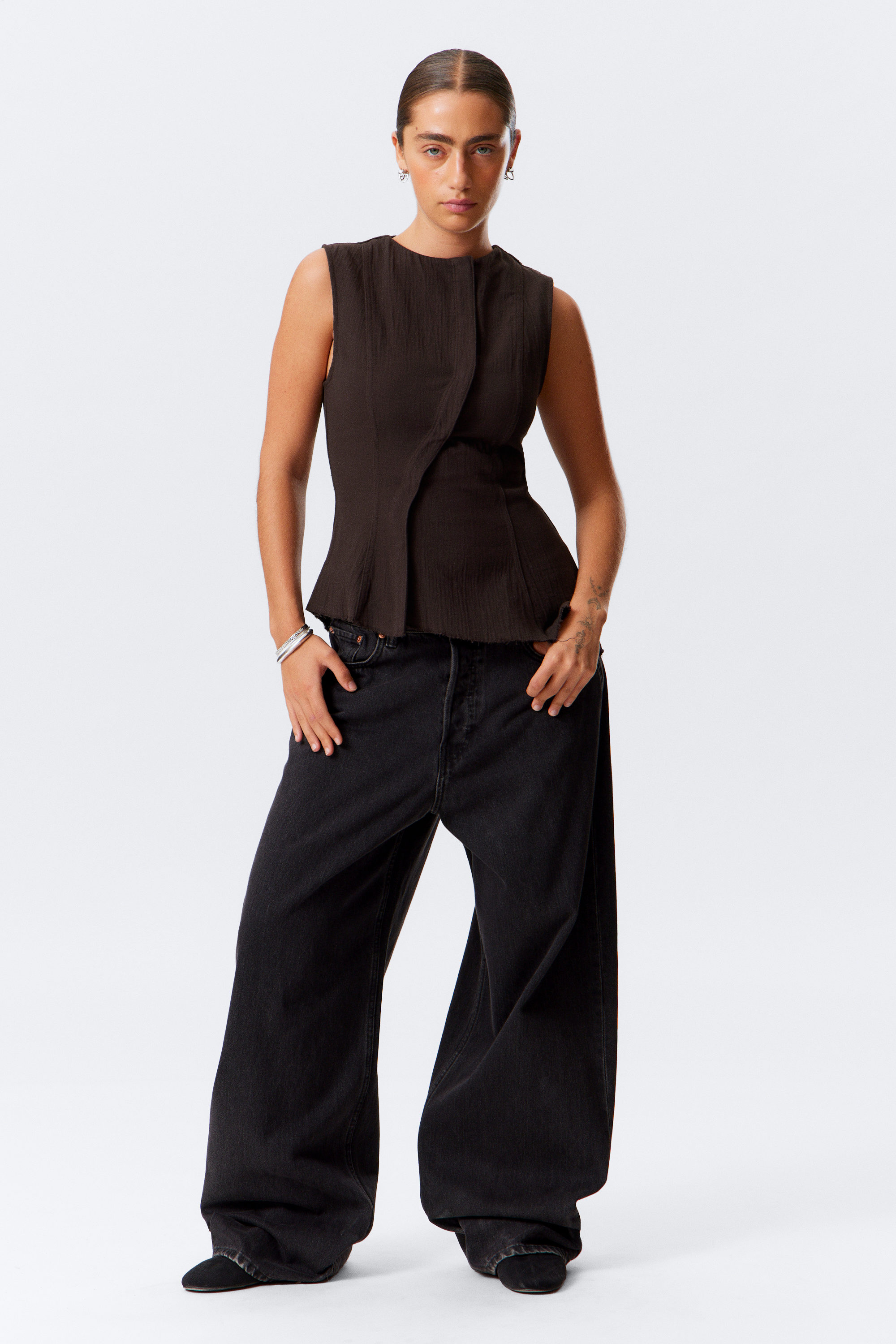 Dark Brown - Sleeveless Asymmetric Peplum Top - 2