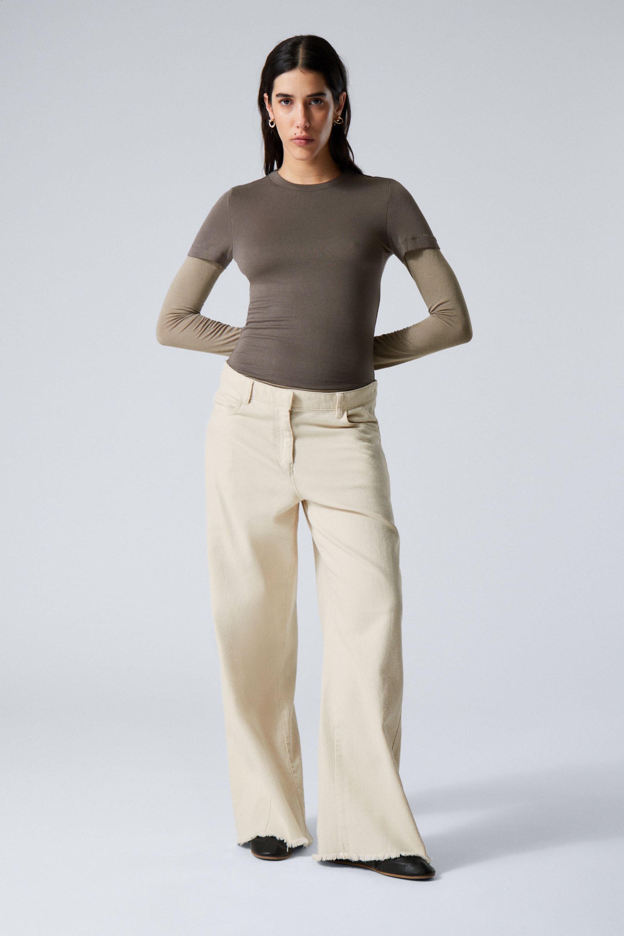 Light Beige - Low Rise Baggy Leg Cotton Trousers - 1