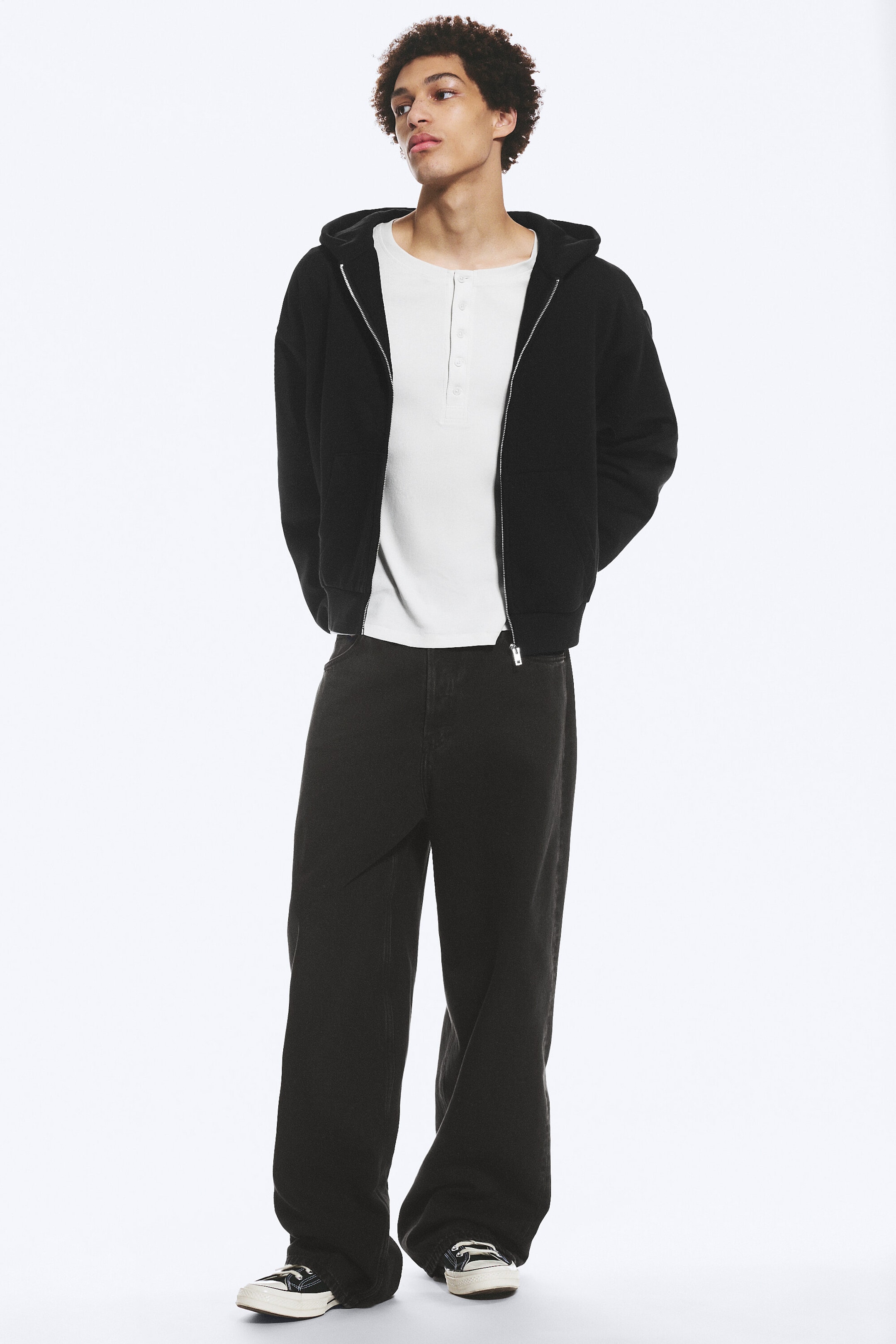 Black - Loose Fit Zip Hoodie - 2
