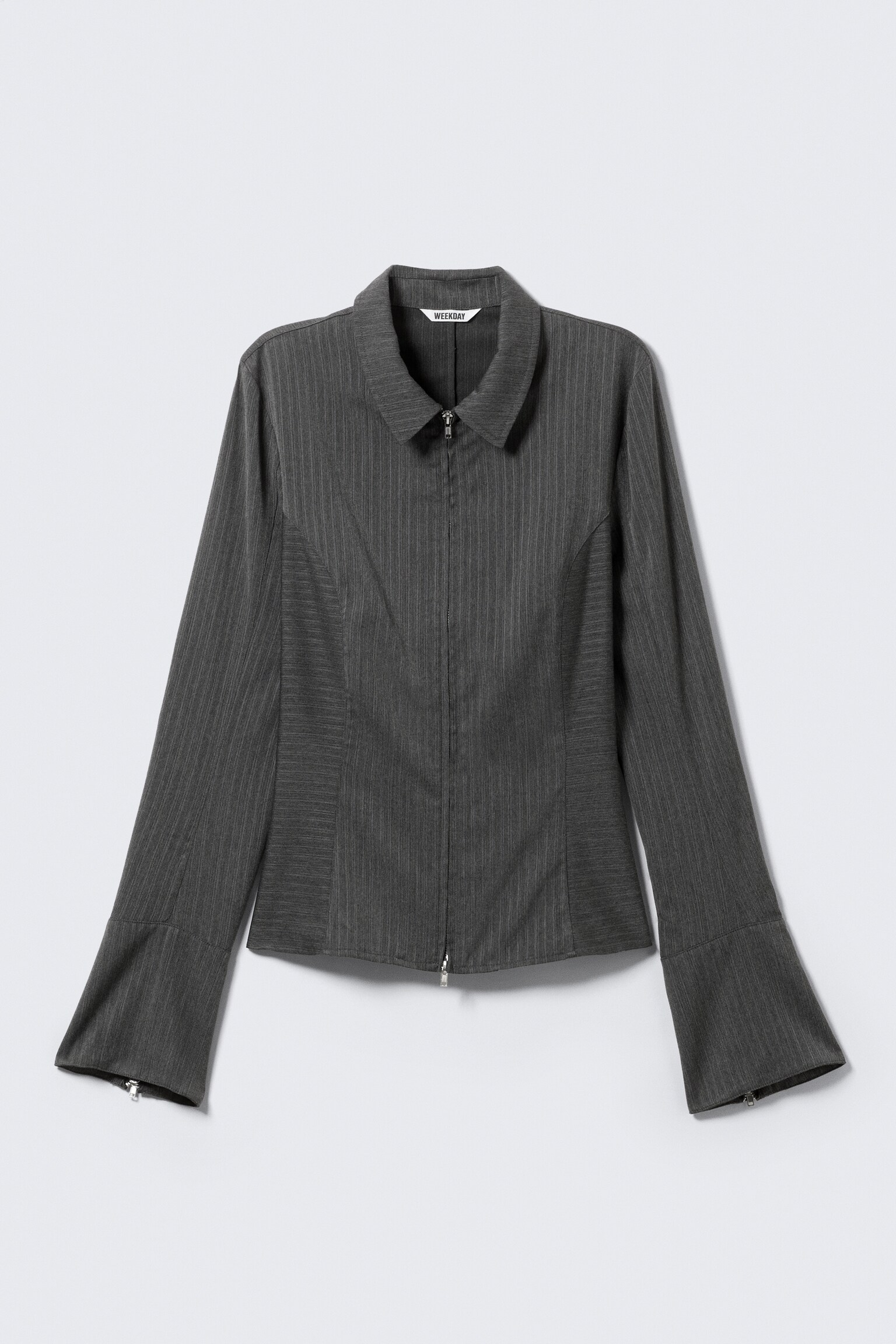 Long-Sleeved Fitted Zip Shirt - Striped Dark Grey Melange/White - 2