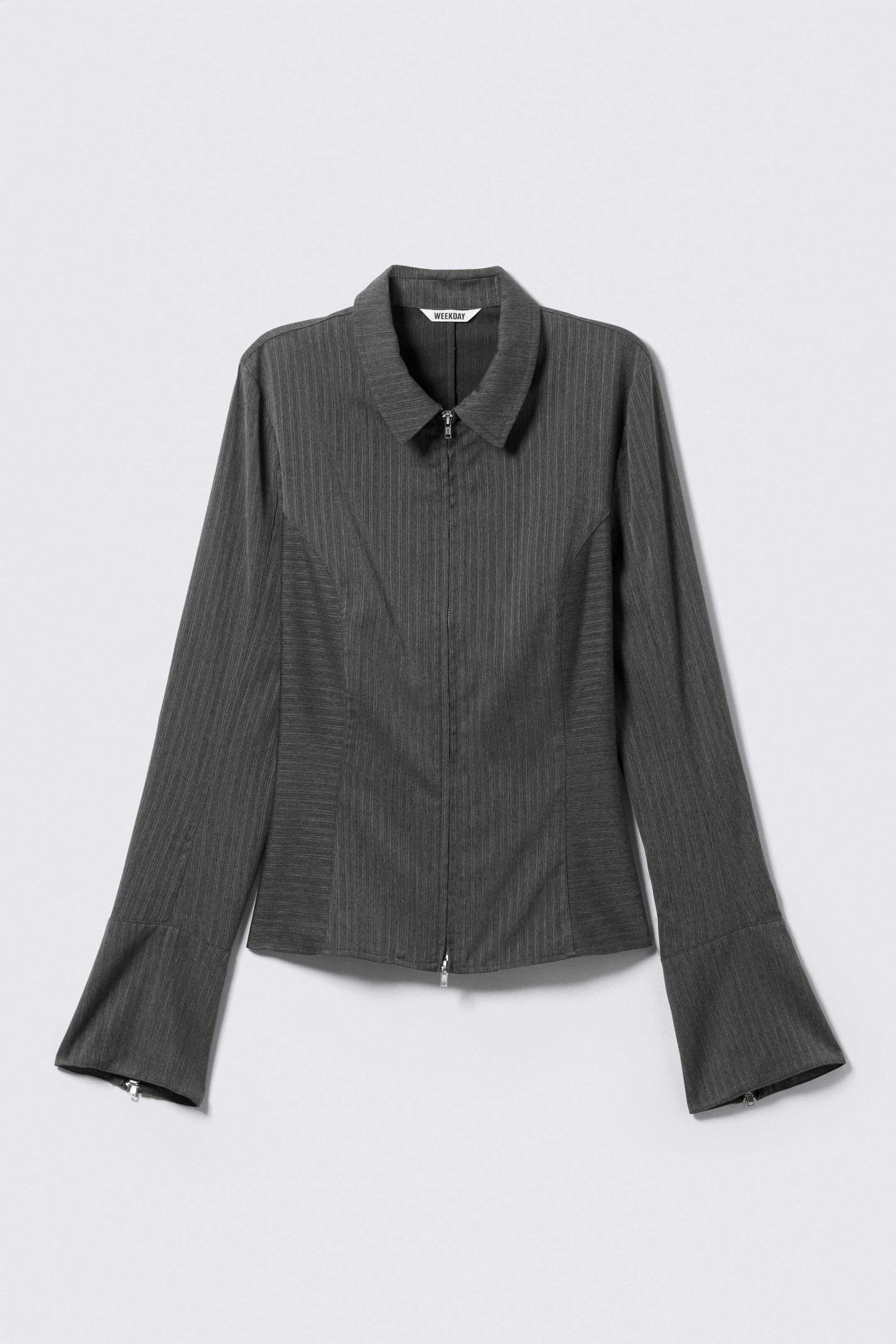 Striped Dark Grey Melange - Long-Sleeved Fitted Zip Shirt - 3