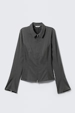 Striped Dark Grey Melange - Long-Sleeved Fitted Zip Shirt - 3
