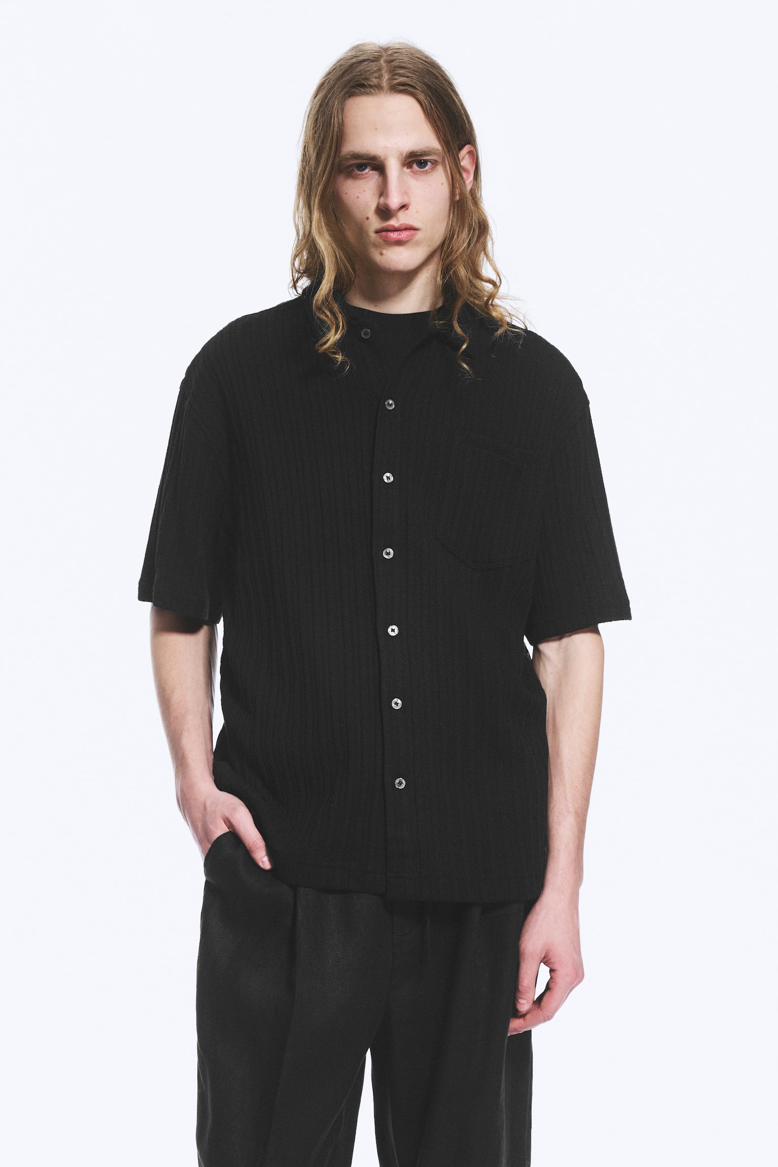 Camicia in maglia con bottoni a maniche corte - Nero - 1