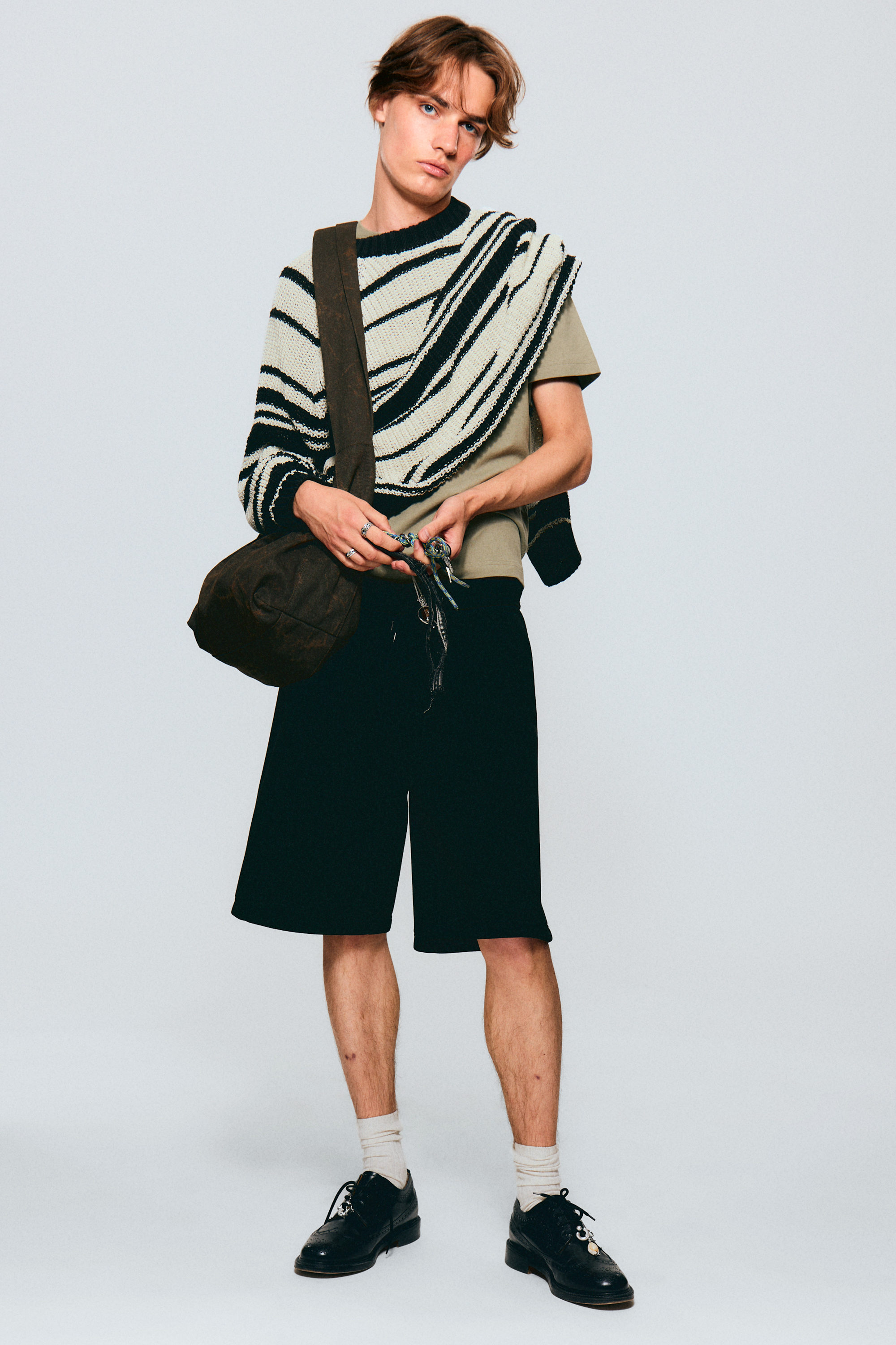Striped Beige - Striped Knitted Raglan-Sleeved Sweater - 2