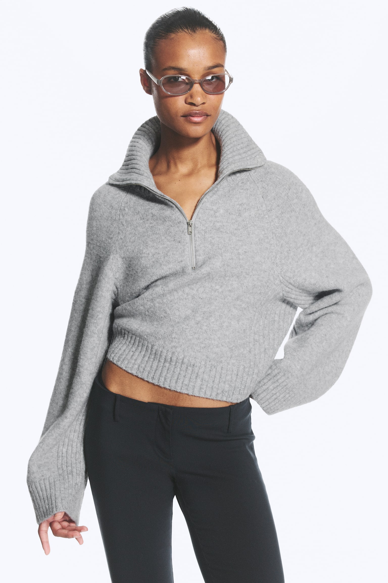 Pullover corto a mezza zip - Dusty Light Grey Melange - 1