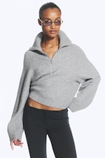 Gris clair poudré mélangé - Pull court à demi-fermeture zippée - 0