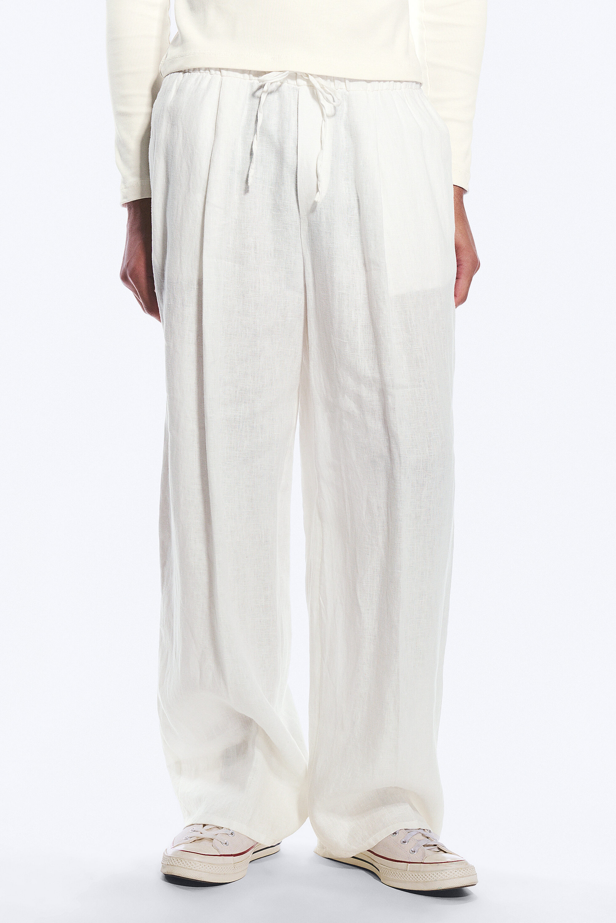 White - Loose Fit Straight Leg Linen Trousers - 2
