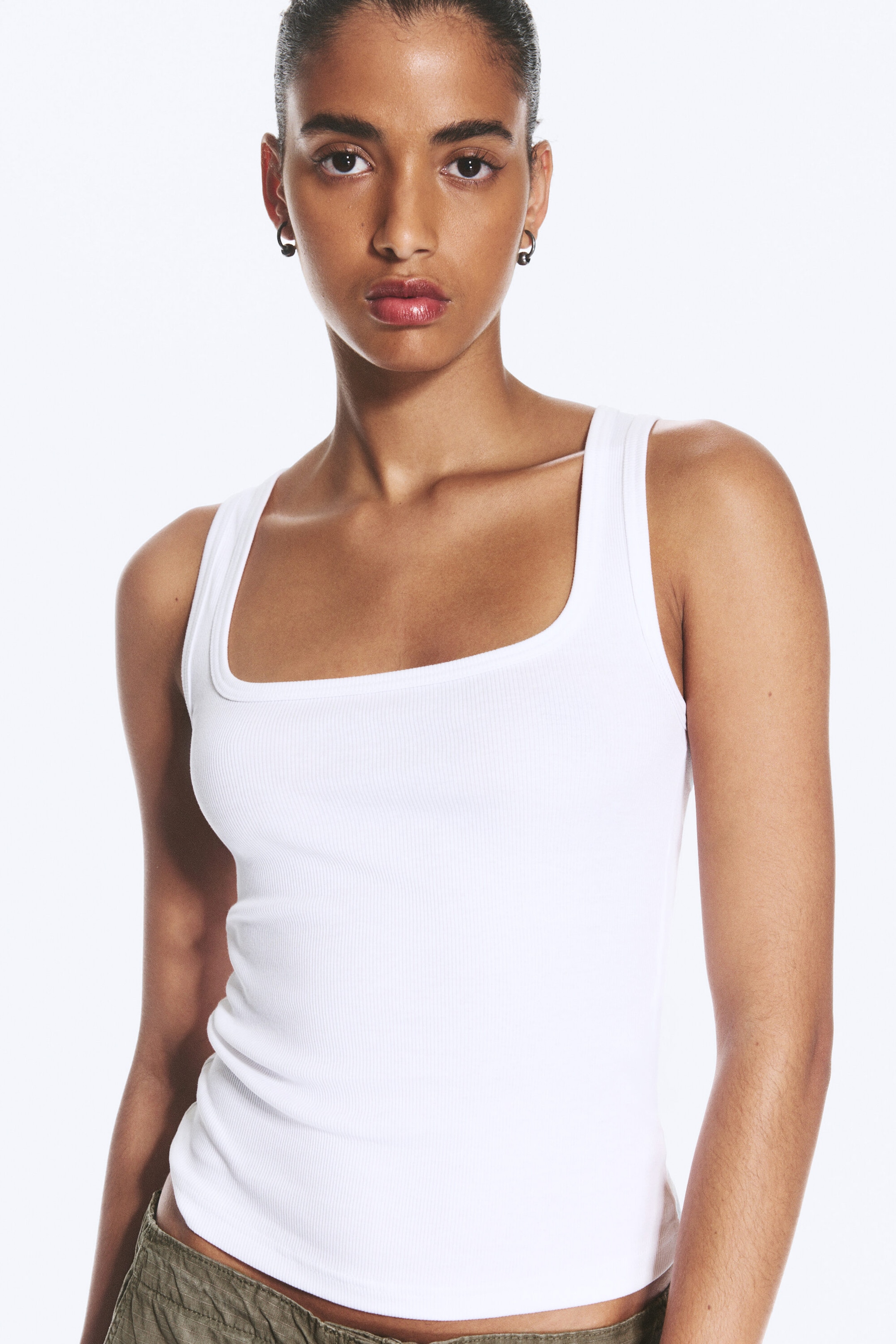 White - Slim Square Neck Ribbed Tank Top - 1