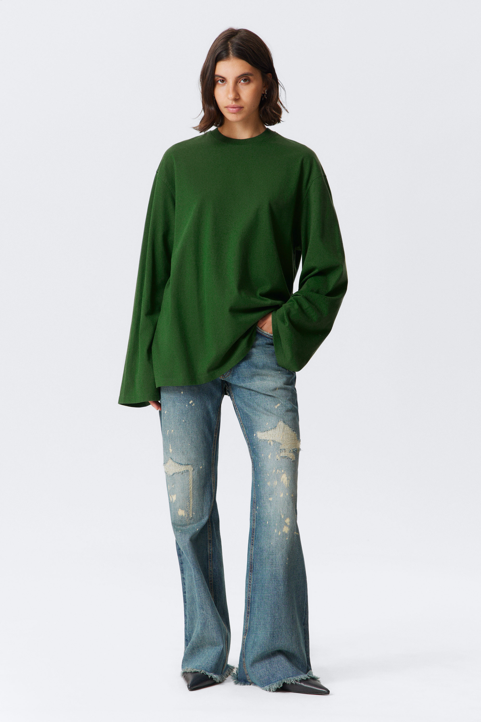Dark Green - Oversized Long Sleeve T-shirt - 2