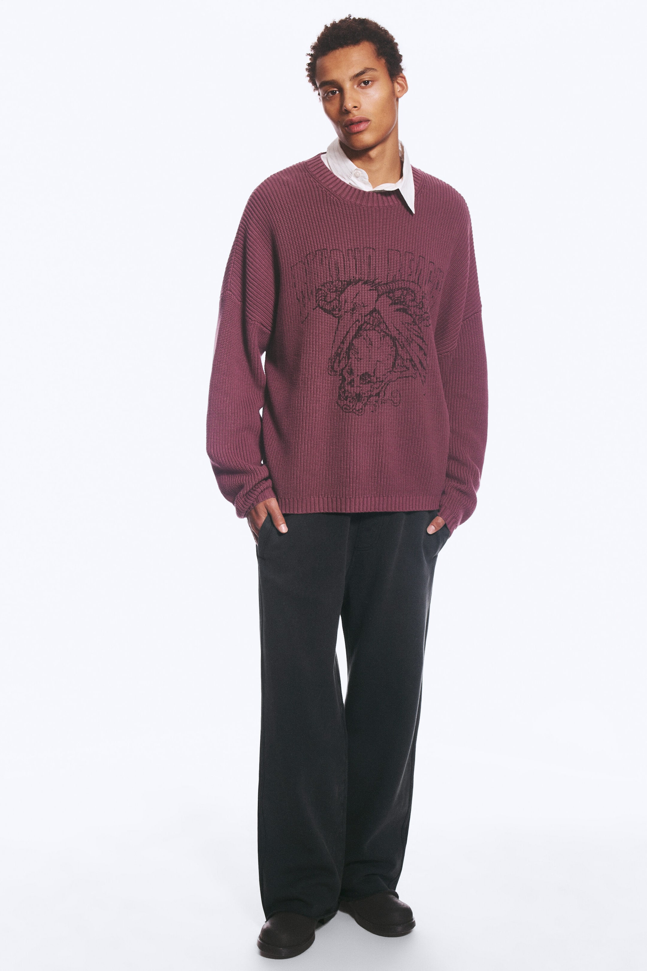Burgundy - Oversized Graphic Knitted Cotton Sweater - 2