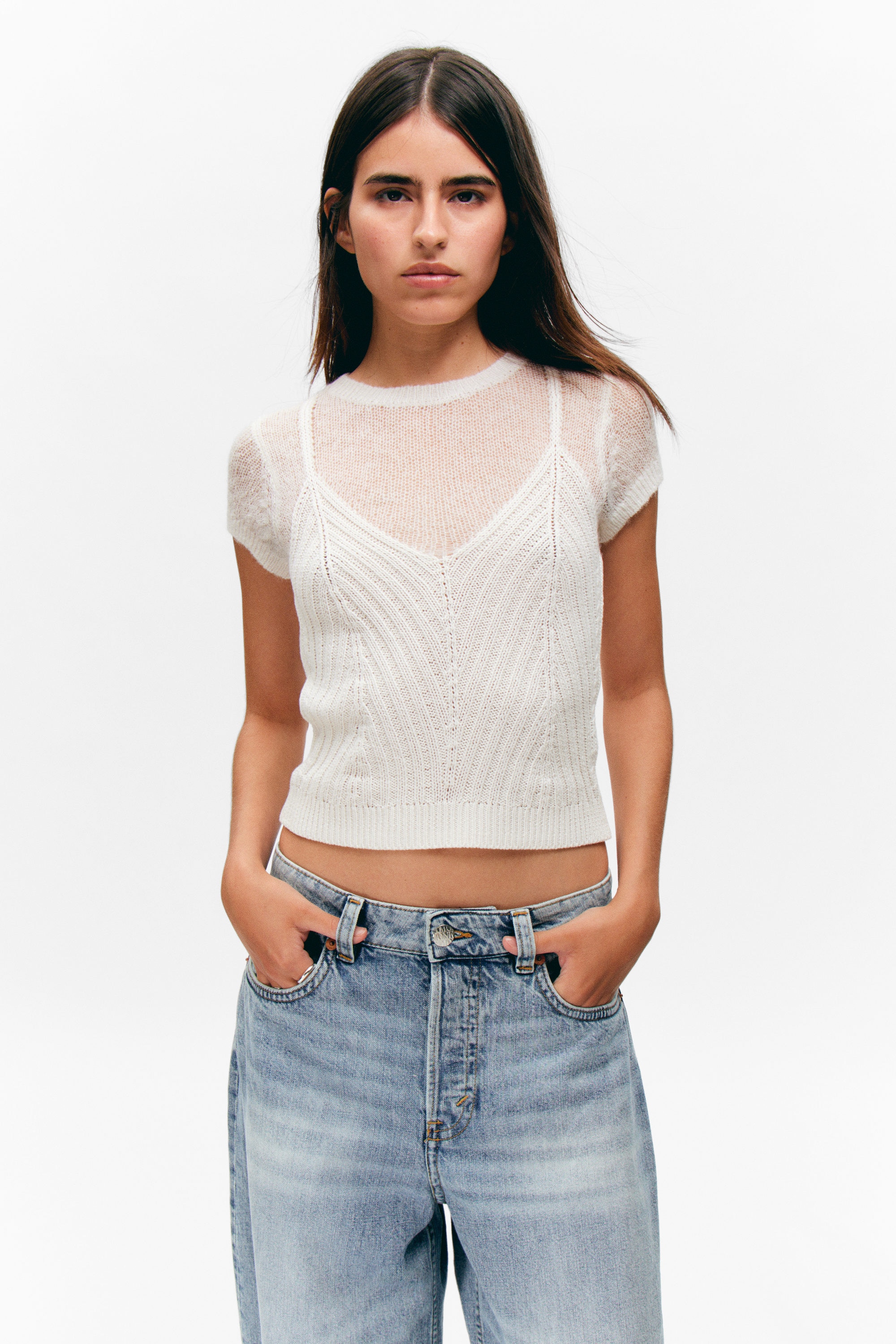 White - Short-Sleeved Knitted Layered Top - 1