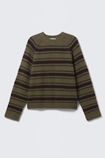Striped Khaki Green - Loose Knitted Raglan Sweater - 4