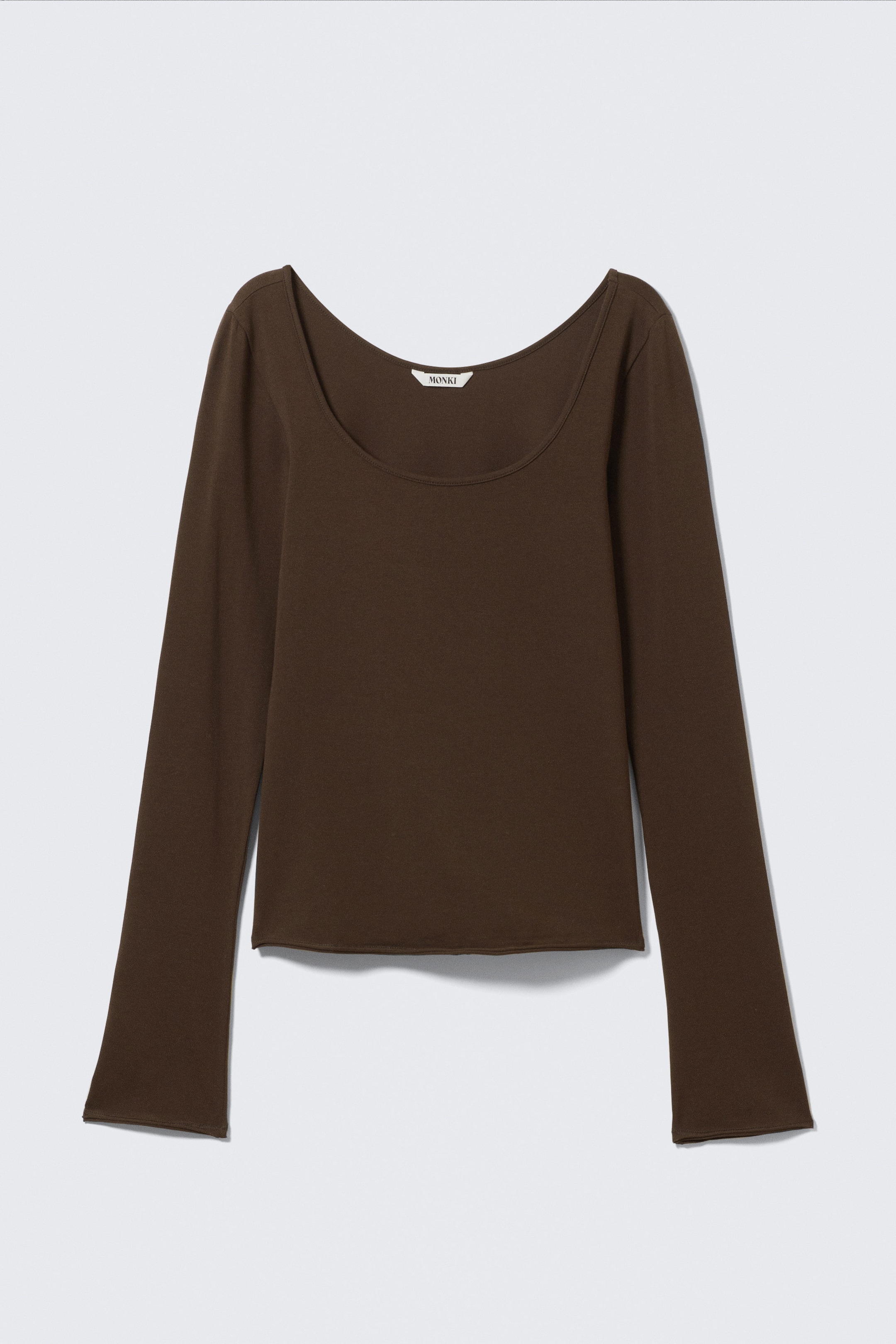 Dark Brown - Long-Sleeved Slim Fit Scoop Neck Top - 1