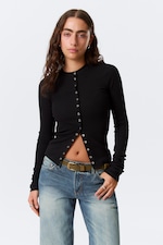 Schwarz - Ribbed Long-Sleeved Cardigan - 0