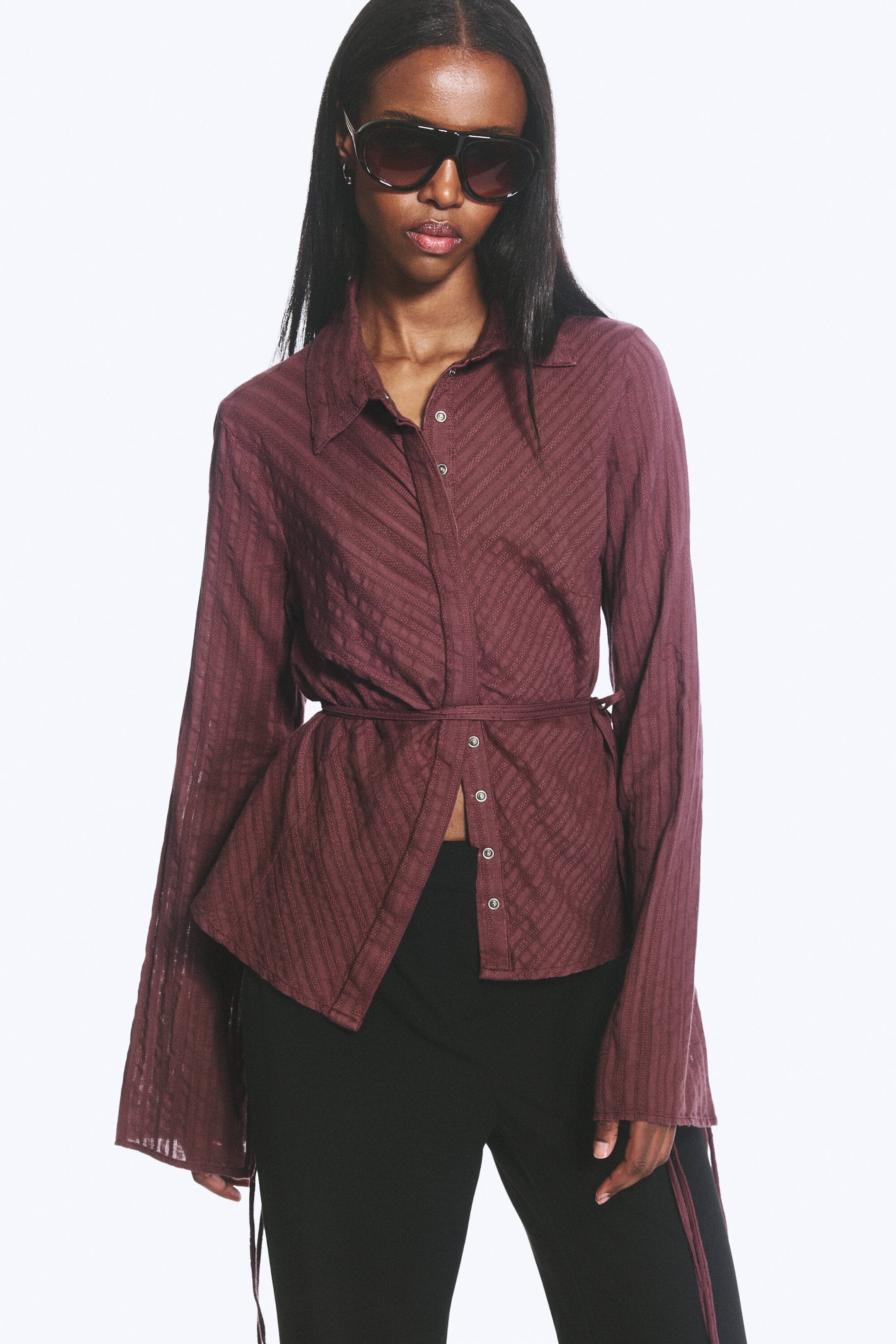 Striped Dark Purple - Tie‑Detail Cotton Shirt - 0